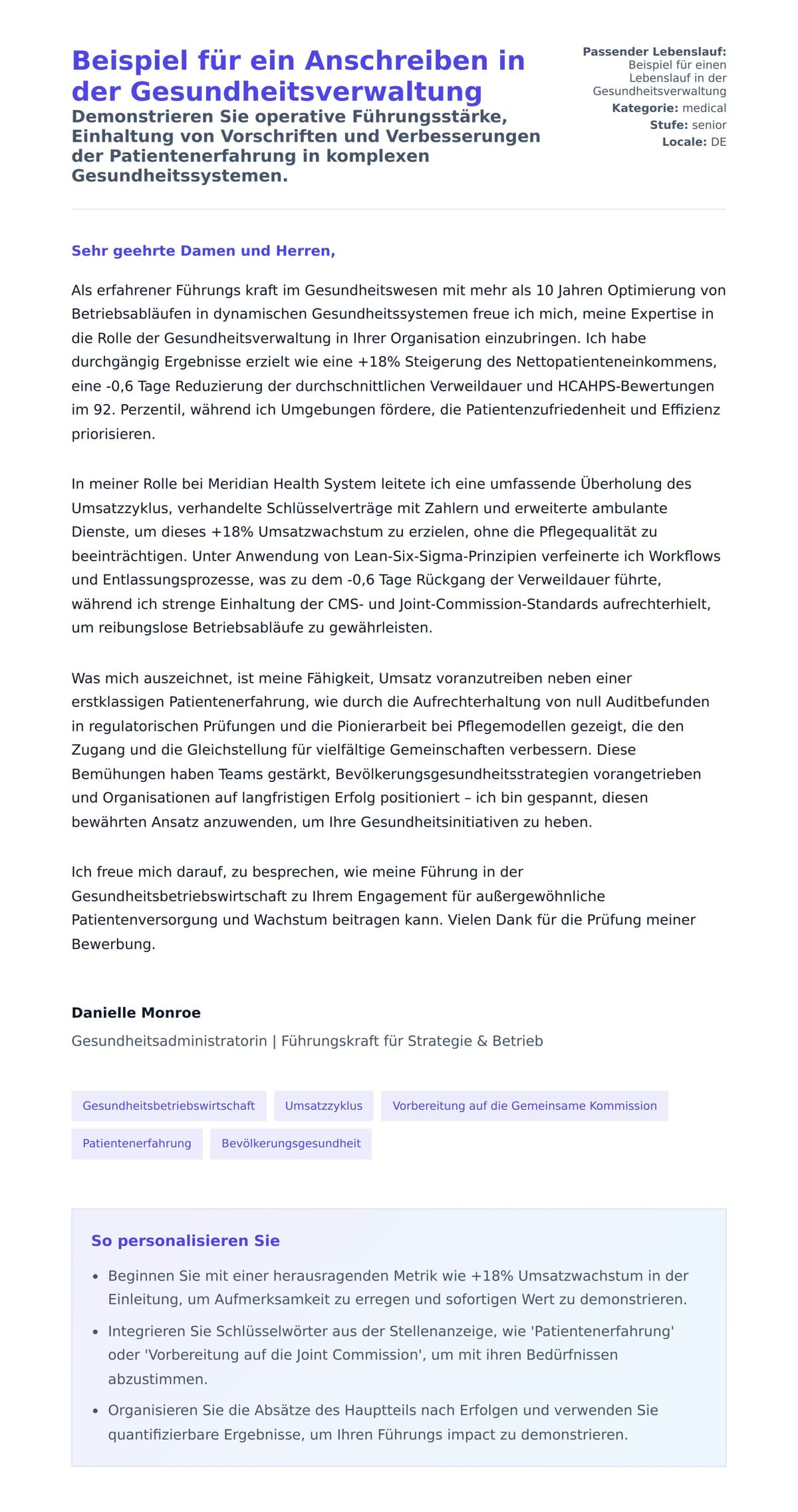 Anschreiben‑Vorschau für Beispiel für ein Anschreiben in der Gesundheitsverwaltung