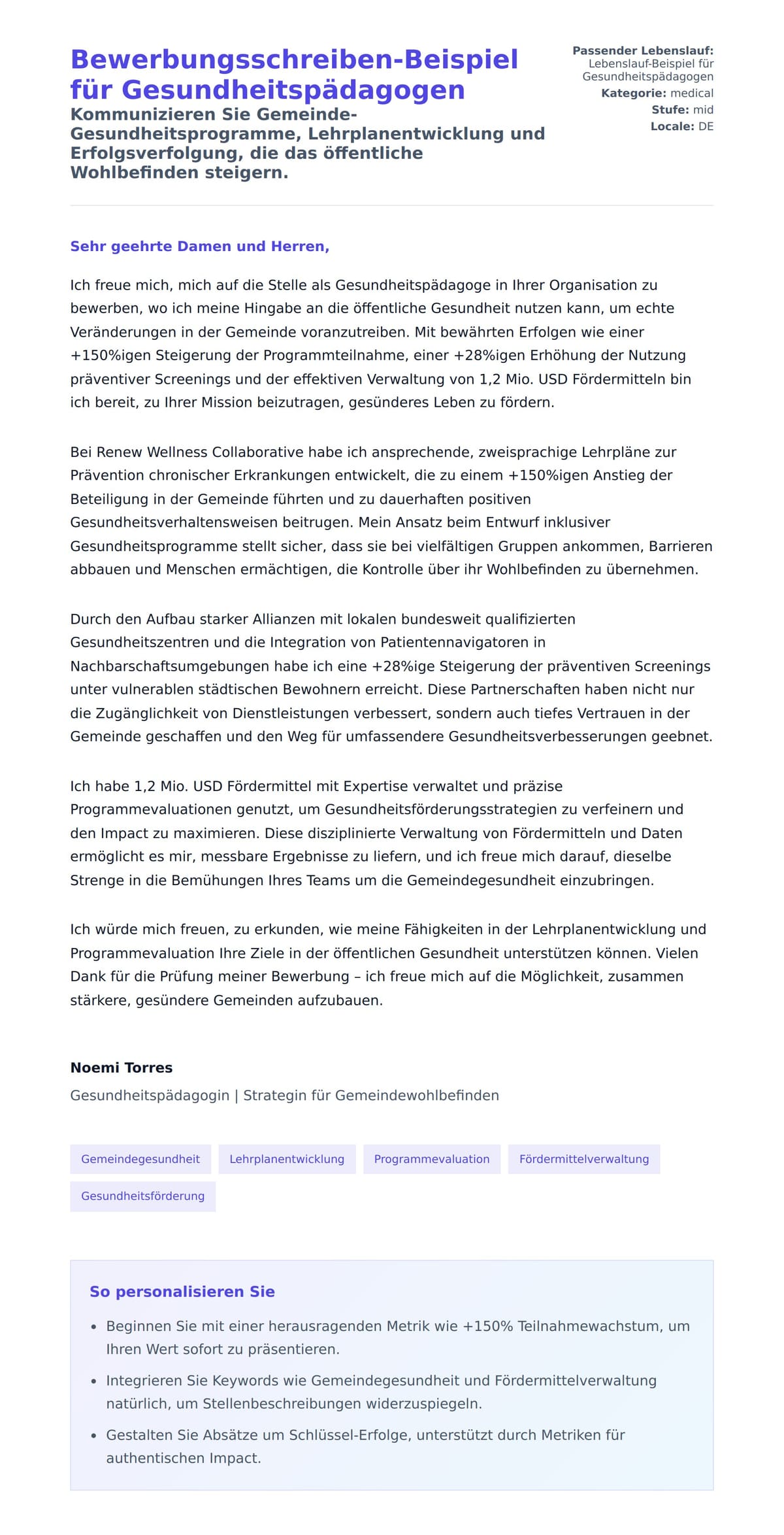 Anschreiben‑Vorschau für Bewerbungsschreiben-Beispiel für Gesundheitspädagogen