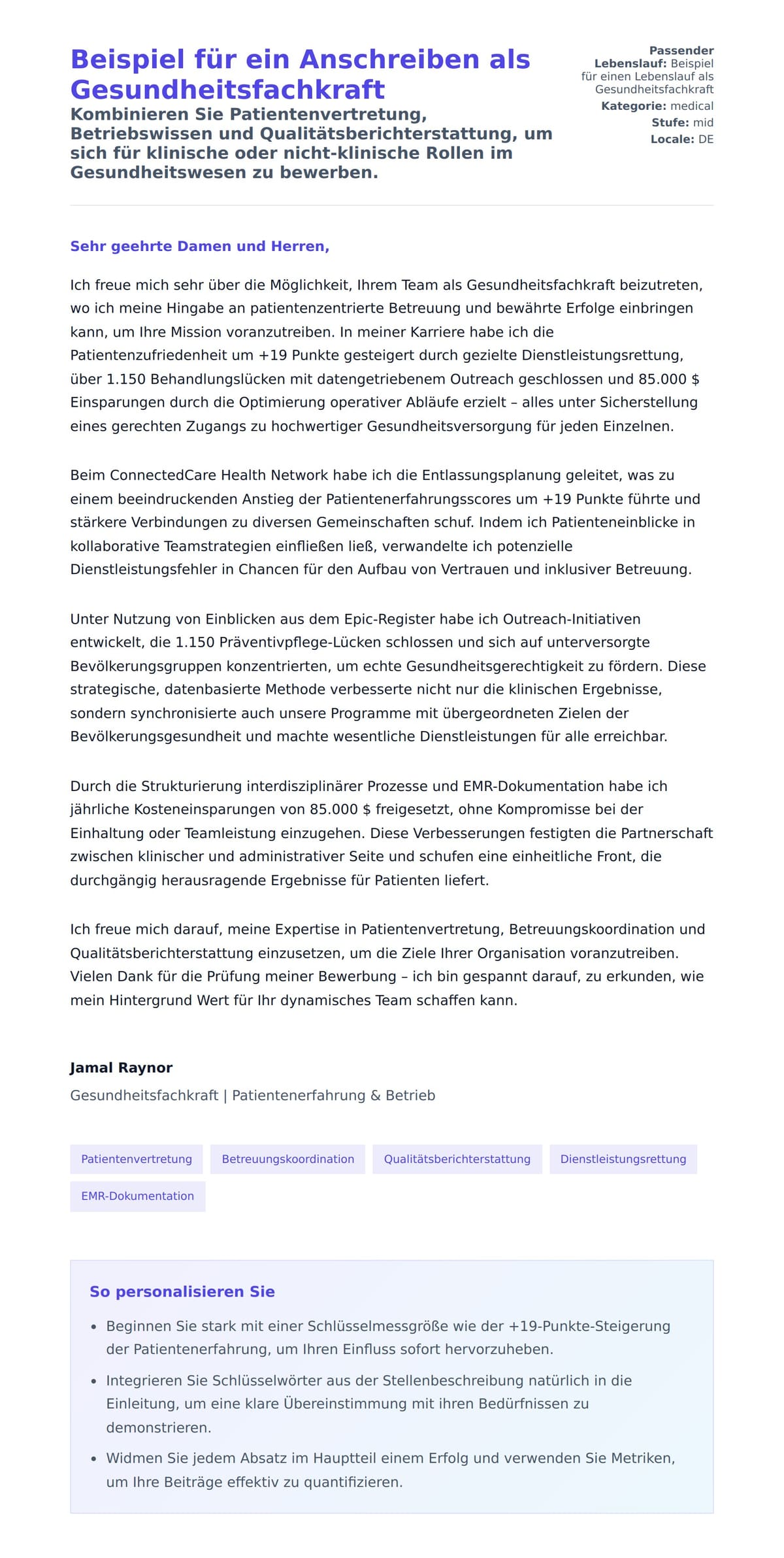 Anschreiben‑Vorschau für Beispiel für ein Anschreiben als Gesundheitsfachkraft