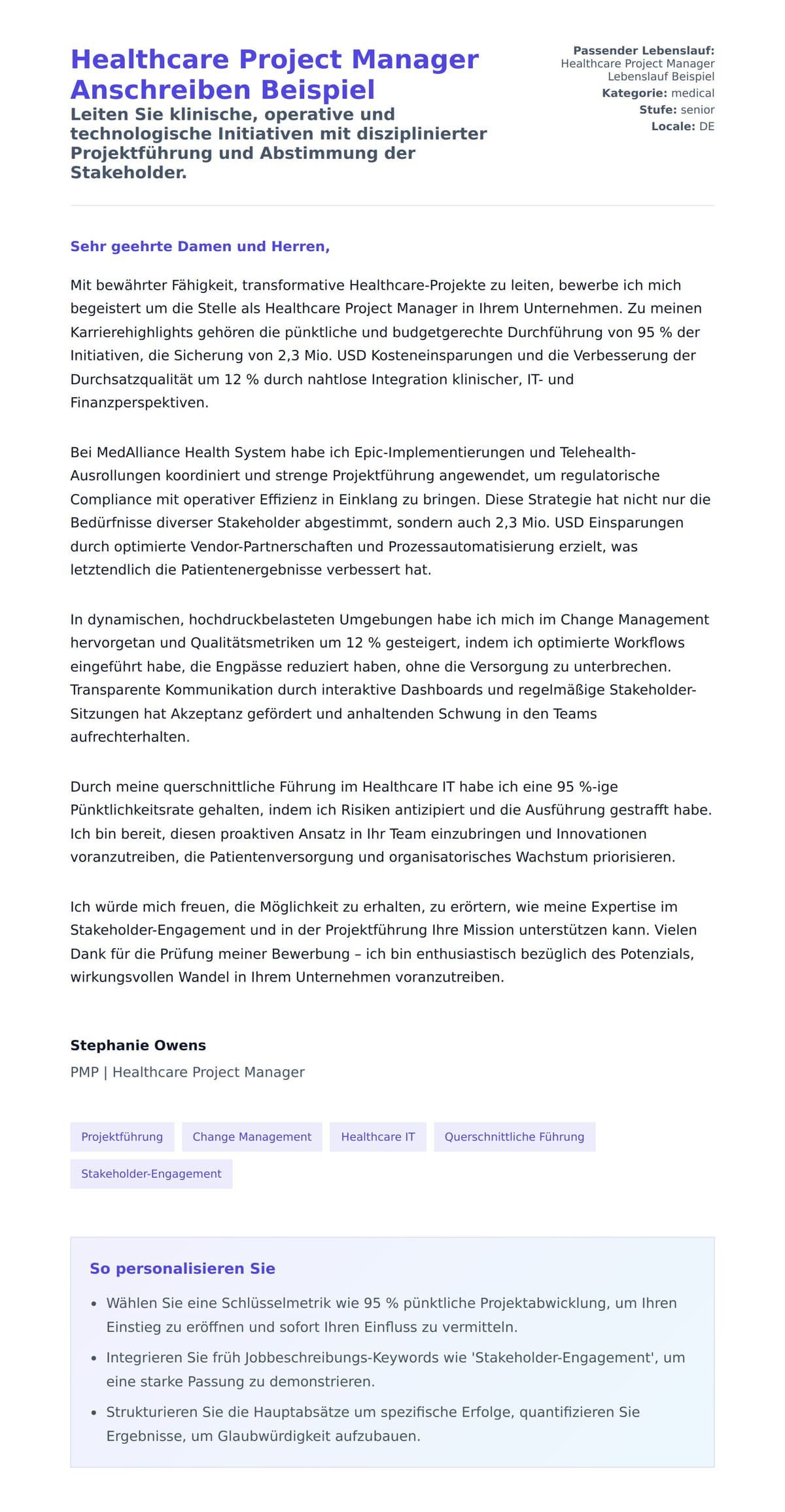 Anschreiben‑Vorschau für Healthcare Project Manager Anschreiben Beispiel