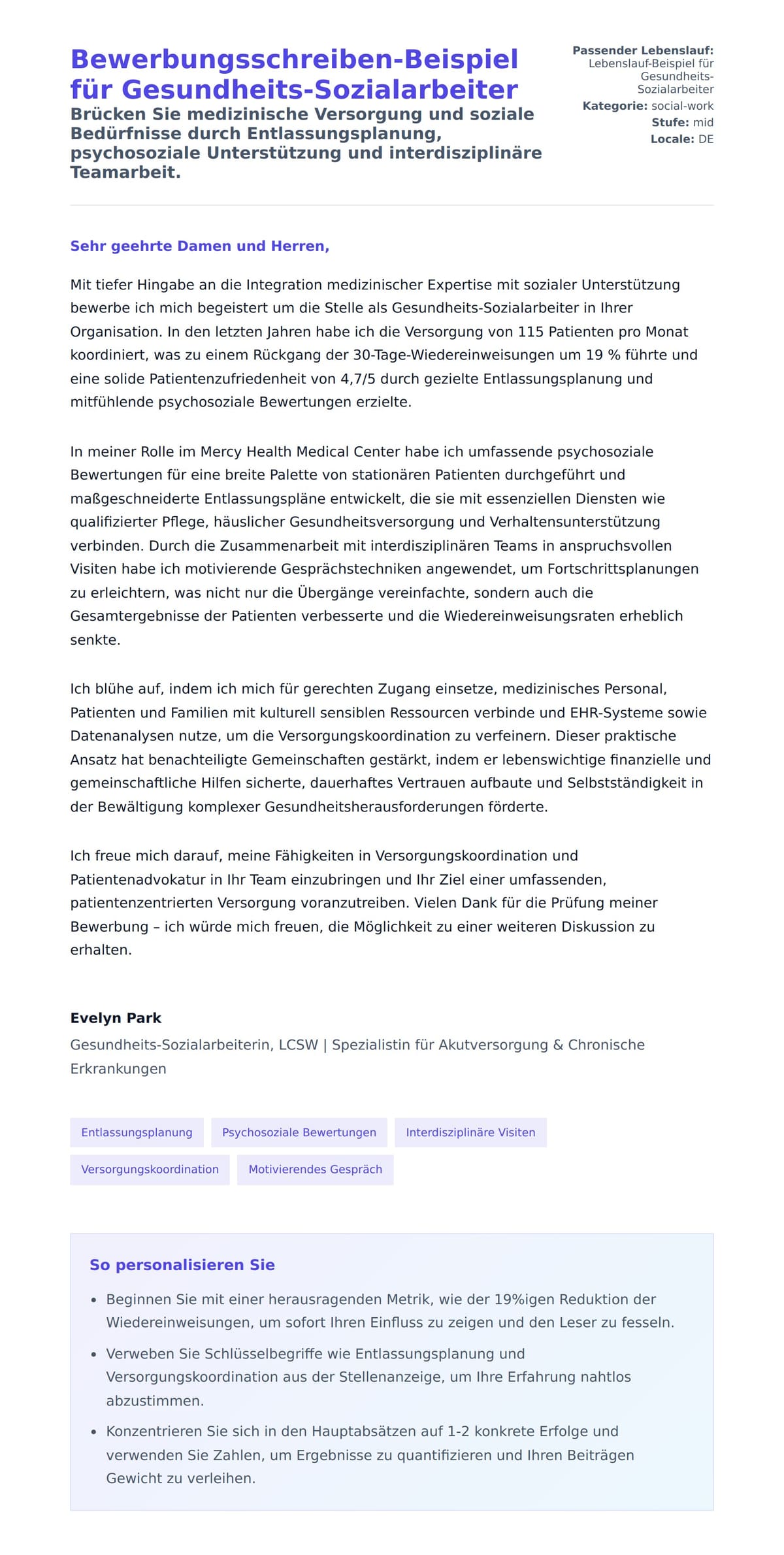 Anschreiben‑Vorschau für Bewerbungsschreiben-Beispiel für Gesundheits-Sozialarbeiter