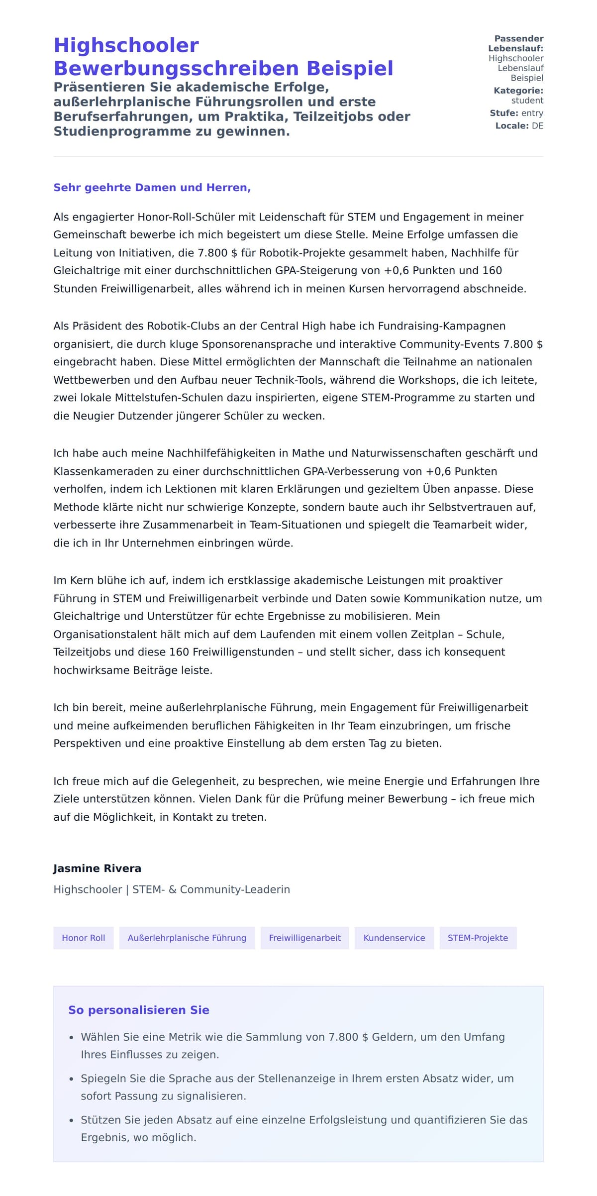 Anschreiben‑Vorschau für Highschooler Bewerbungsschreiben Beispiel