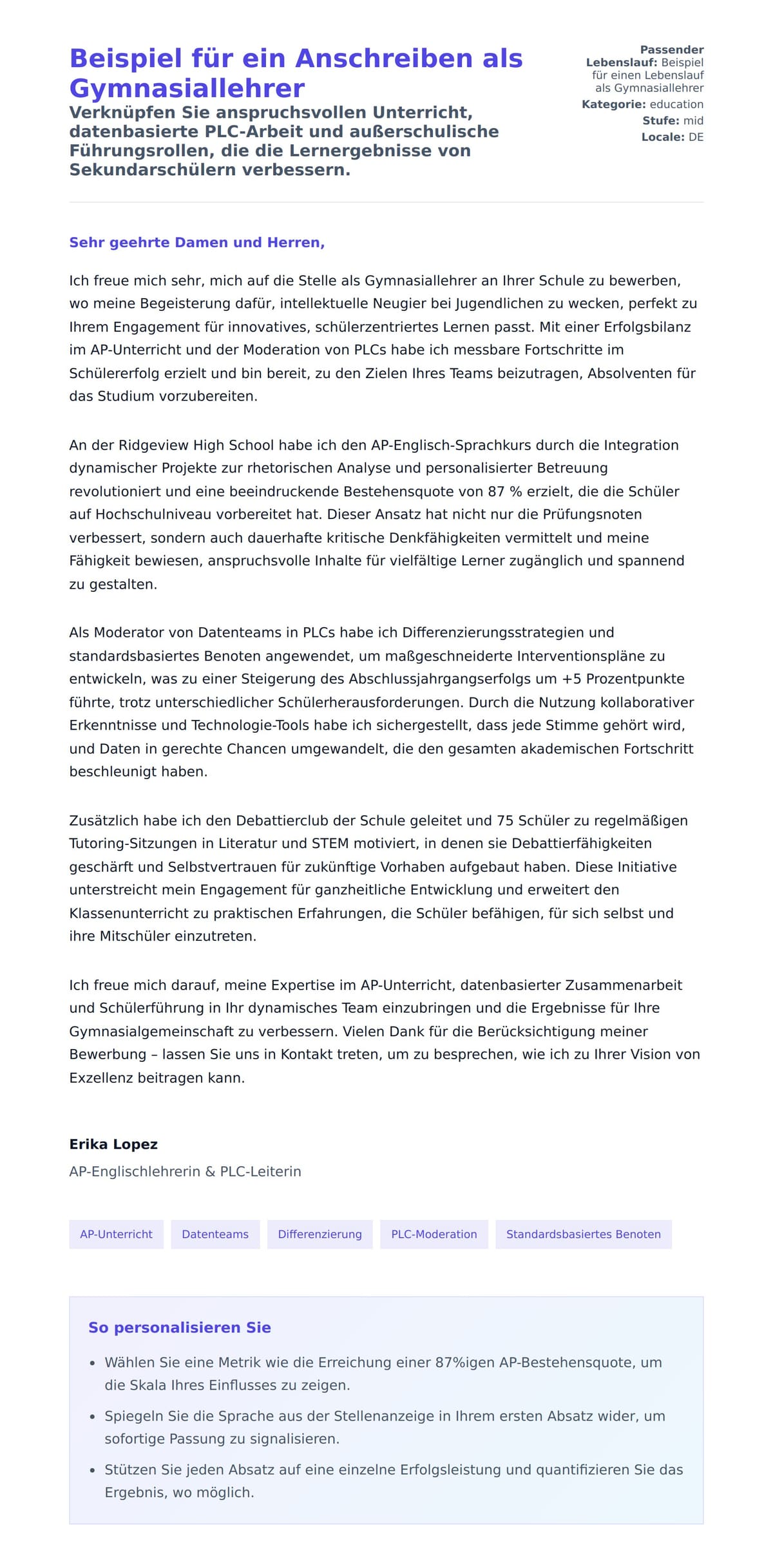 Anschreiben‑Vorschau für Beispiel für ein Anschreiben als Gymnasiallehrer