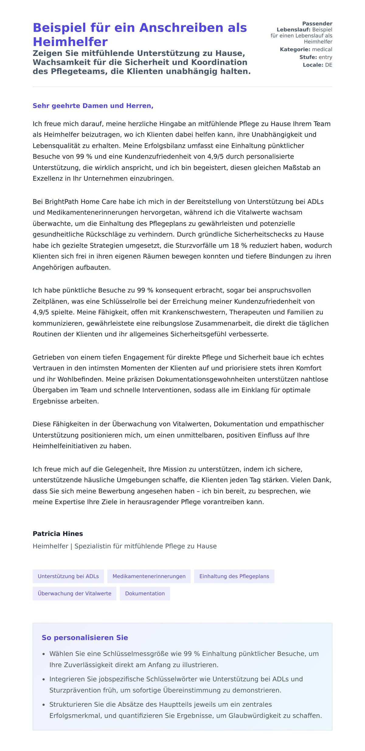 Anschreiben‑Vorschau für Beispiel für ein Anschreiben als Heimhelfer