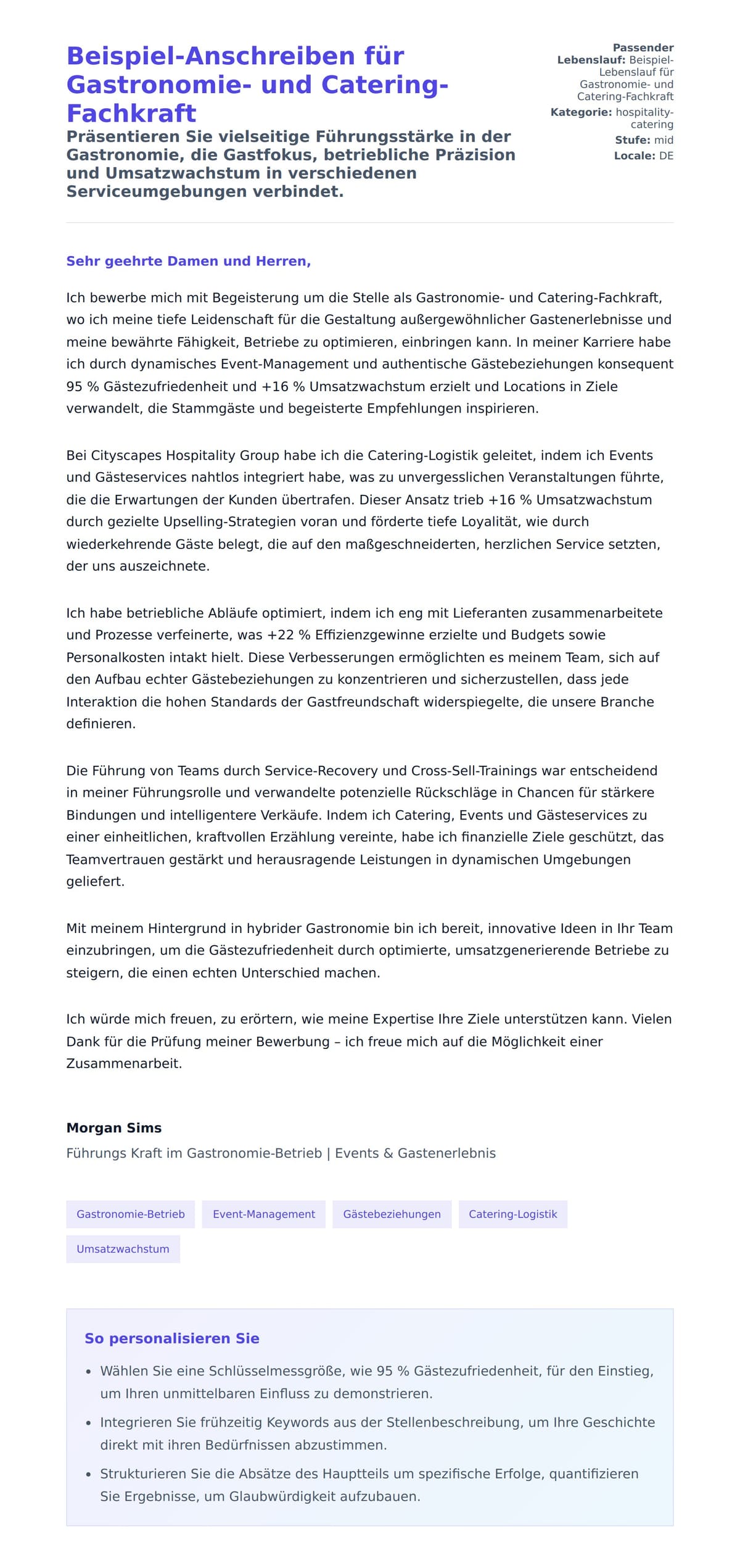 Anschreiben‑Vorschau für Beispiel-Anschreiben für Gastronomie- und Catering-Fachkraft