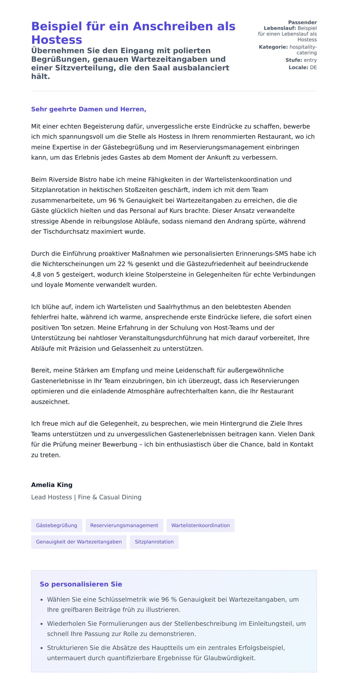 Anschreiben‑Vorschau für Beispiel für ein Anschreiben als Hostess