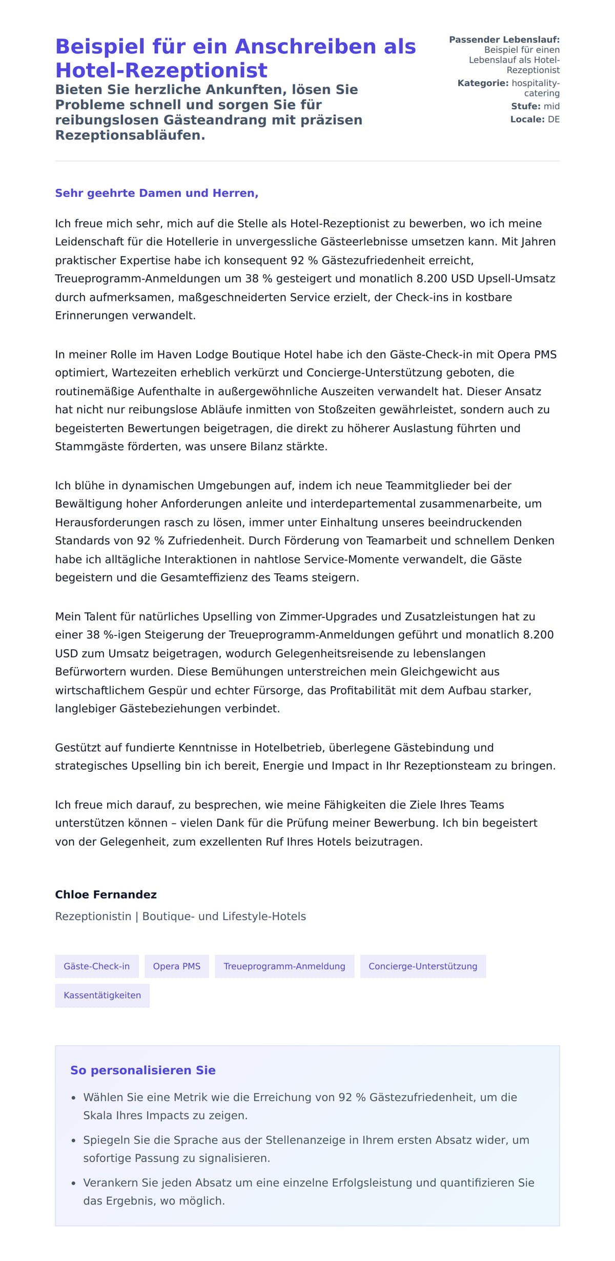 Anschreiben‑Vorschau für Beispiel für ein Anschreiben als Hotel-Rezeptionist