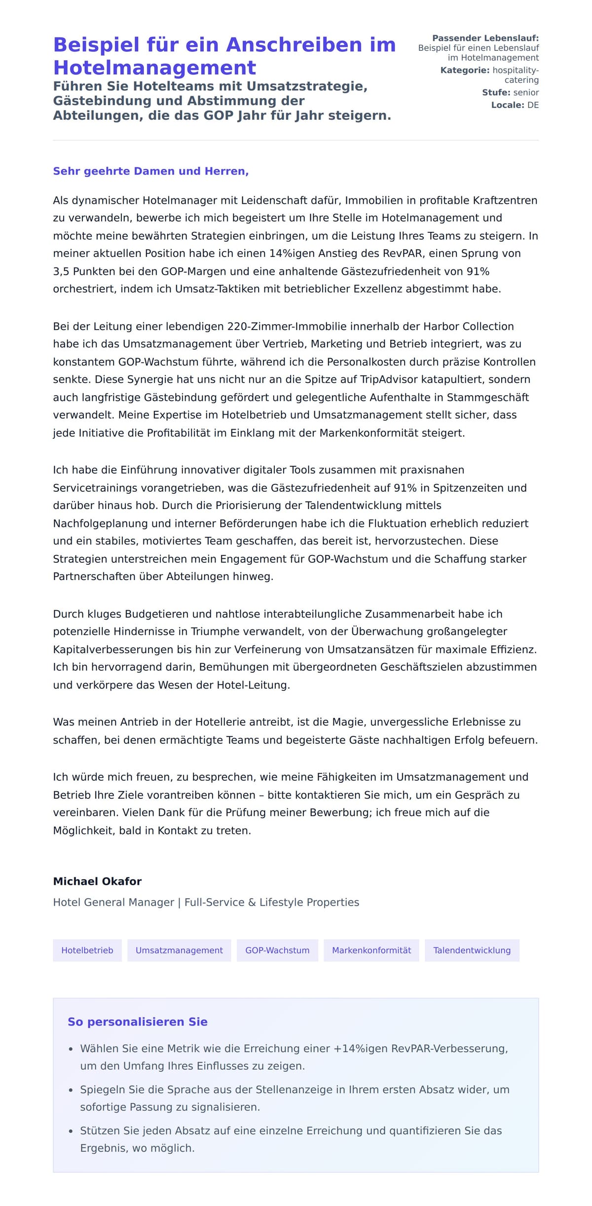 Anschreiben‑Vorschau für Beispiel für ein Anschreiben im Hotelmanagement