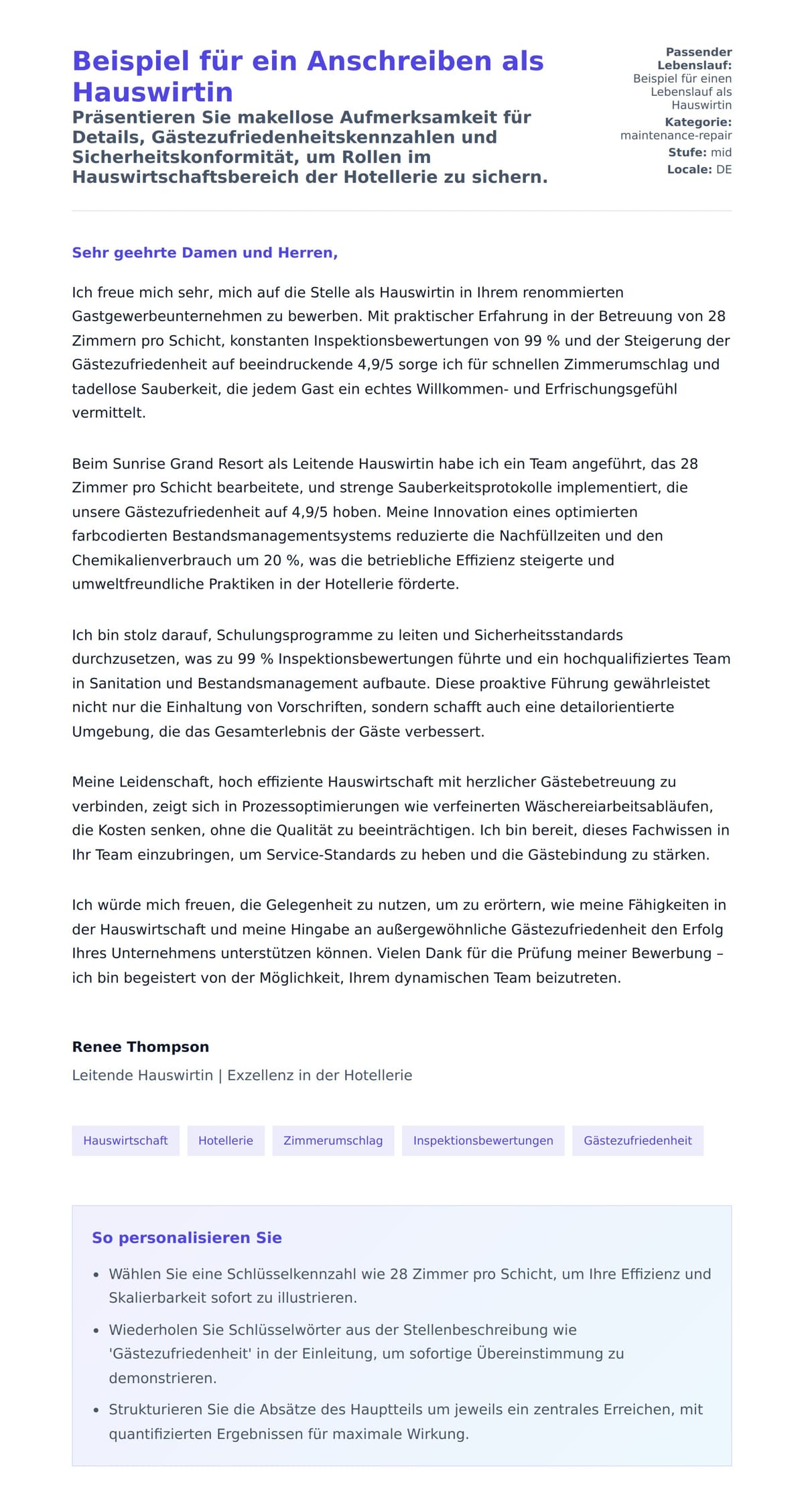 Anschreiben‑Vorschau für Beispiel für ein Anschreiben als Hauswirtin