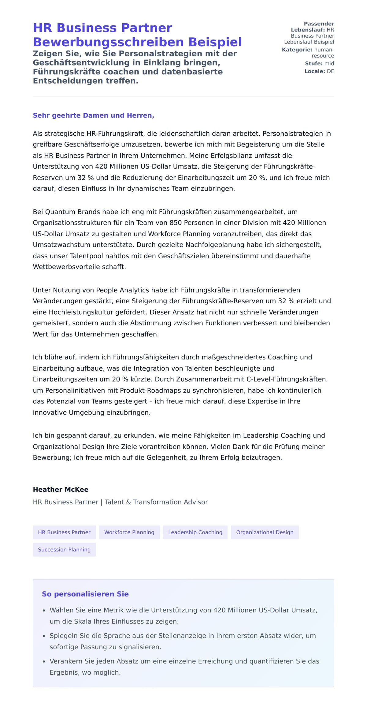Anschreiben‑Vorschau für HR Business Partner Bewerbungsschreiben Beispiel