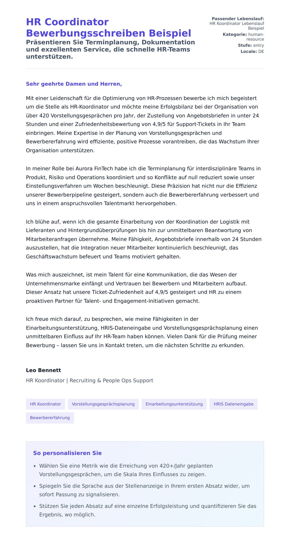 Anschreiben‑Vorschau für HR Coordinator Bewerbungsschreiben Beispiel
