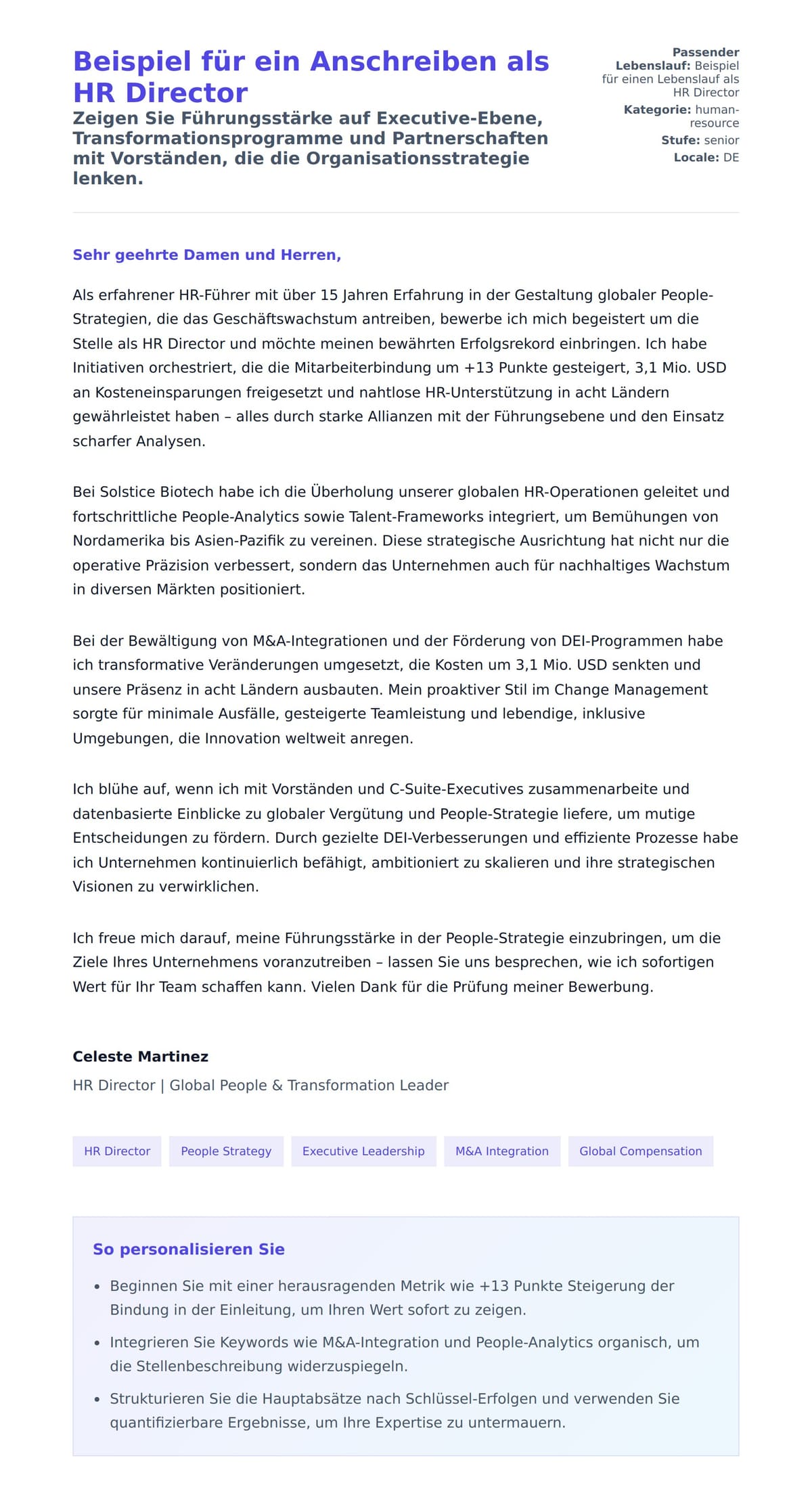 Anschreiben‑Vorschau für Beispiel für ein Anschreiben als HR Director