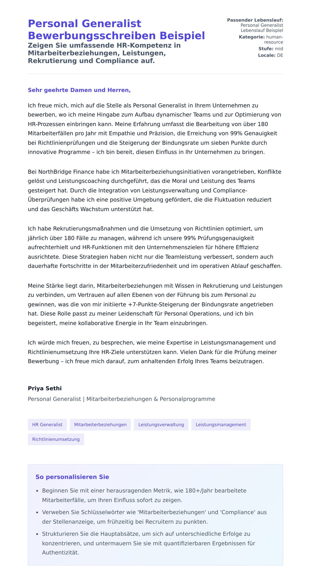 Anschreiben‑Vorschau für Personal Generalist Bewerbungsschreiben Beispiel