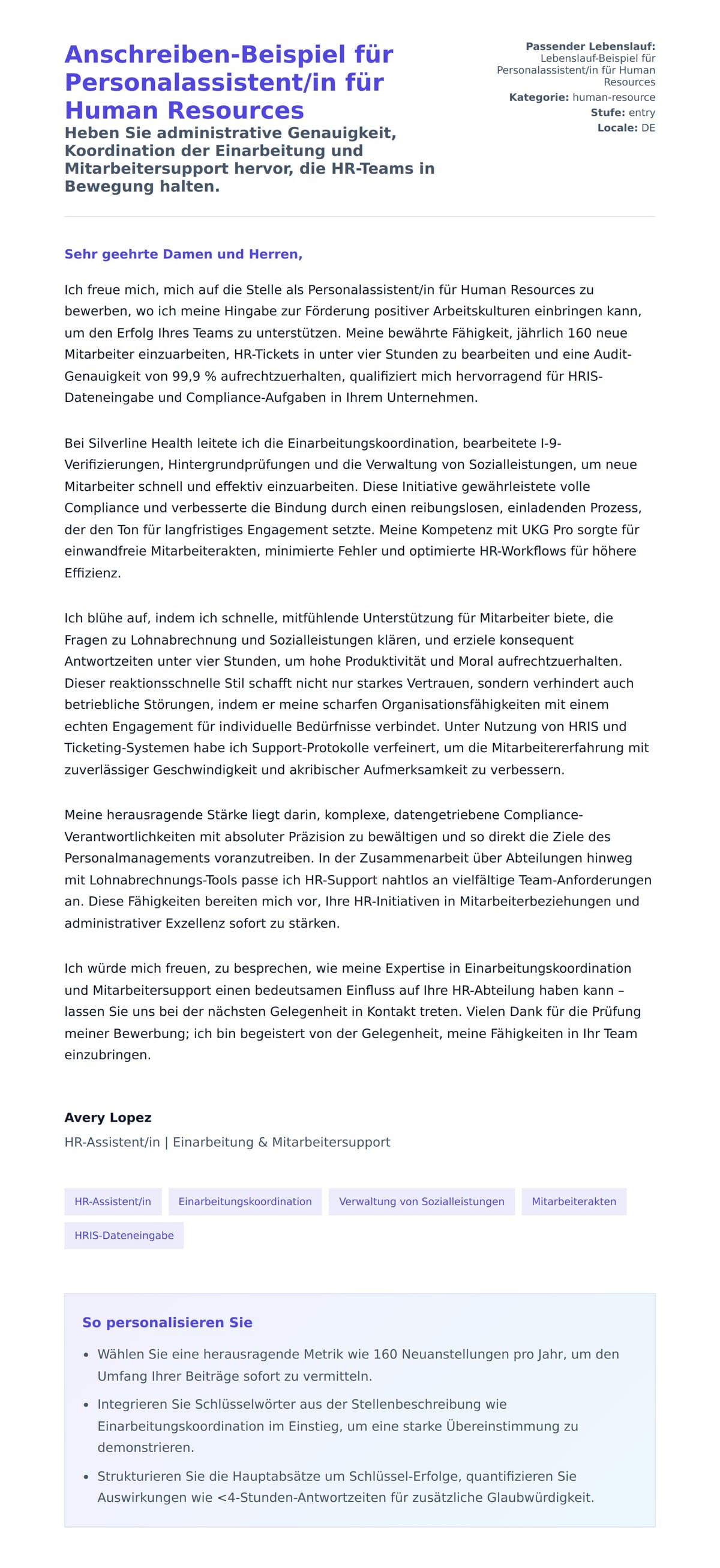 Anschreiben‑Vorschau für Anschreiben-Beispiel für Personalassistent/in für Human Resources