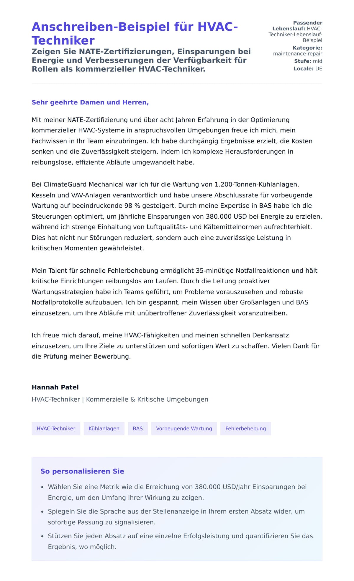 Anschreiben‑Vorschau für Anschreiben-Beispiel für HVAC-Techniker