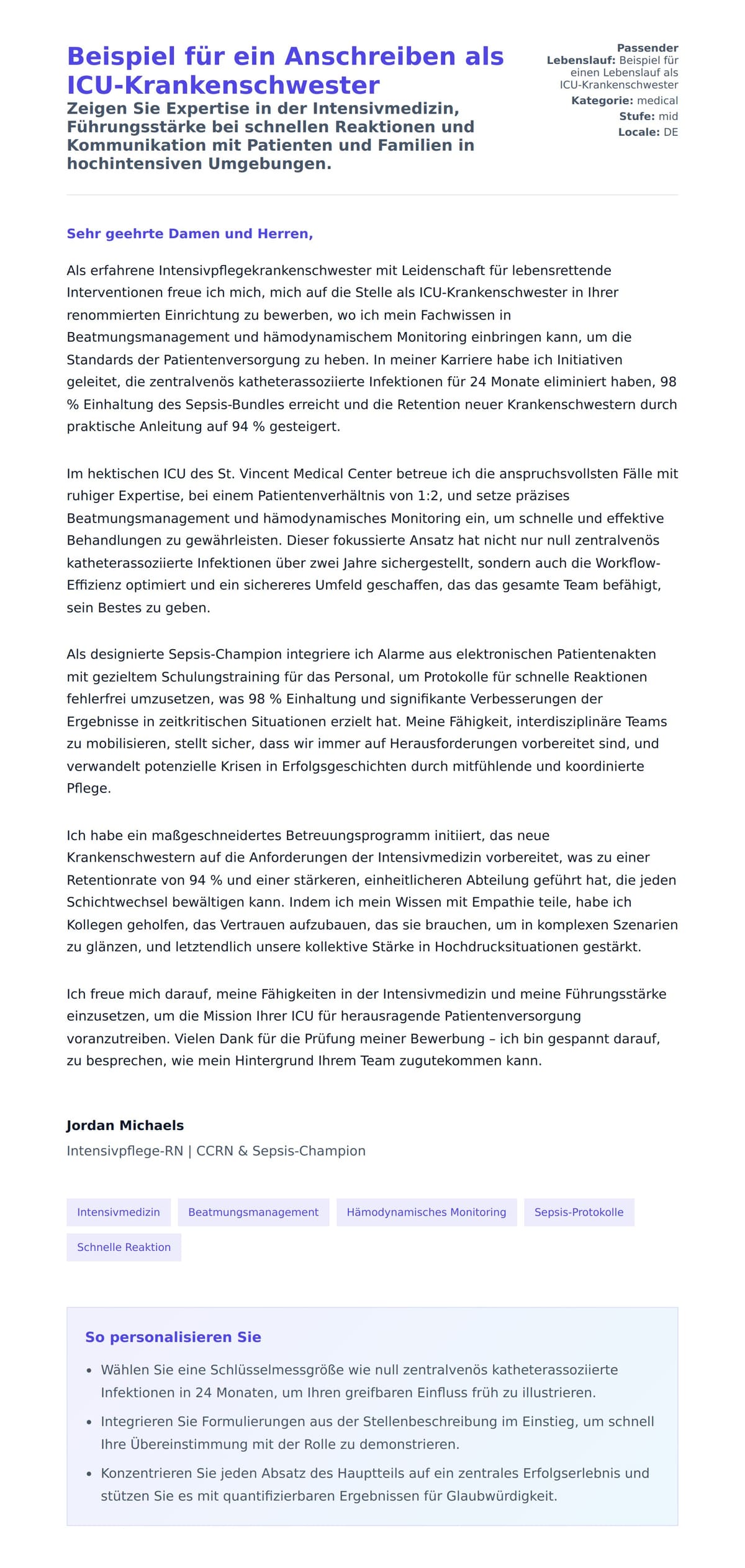 Anschreiben‑Vorschau für Beispiel für ein Anschreiben als ICU-Krankenschwester