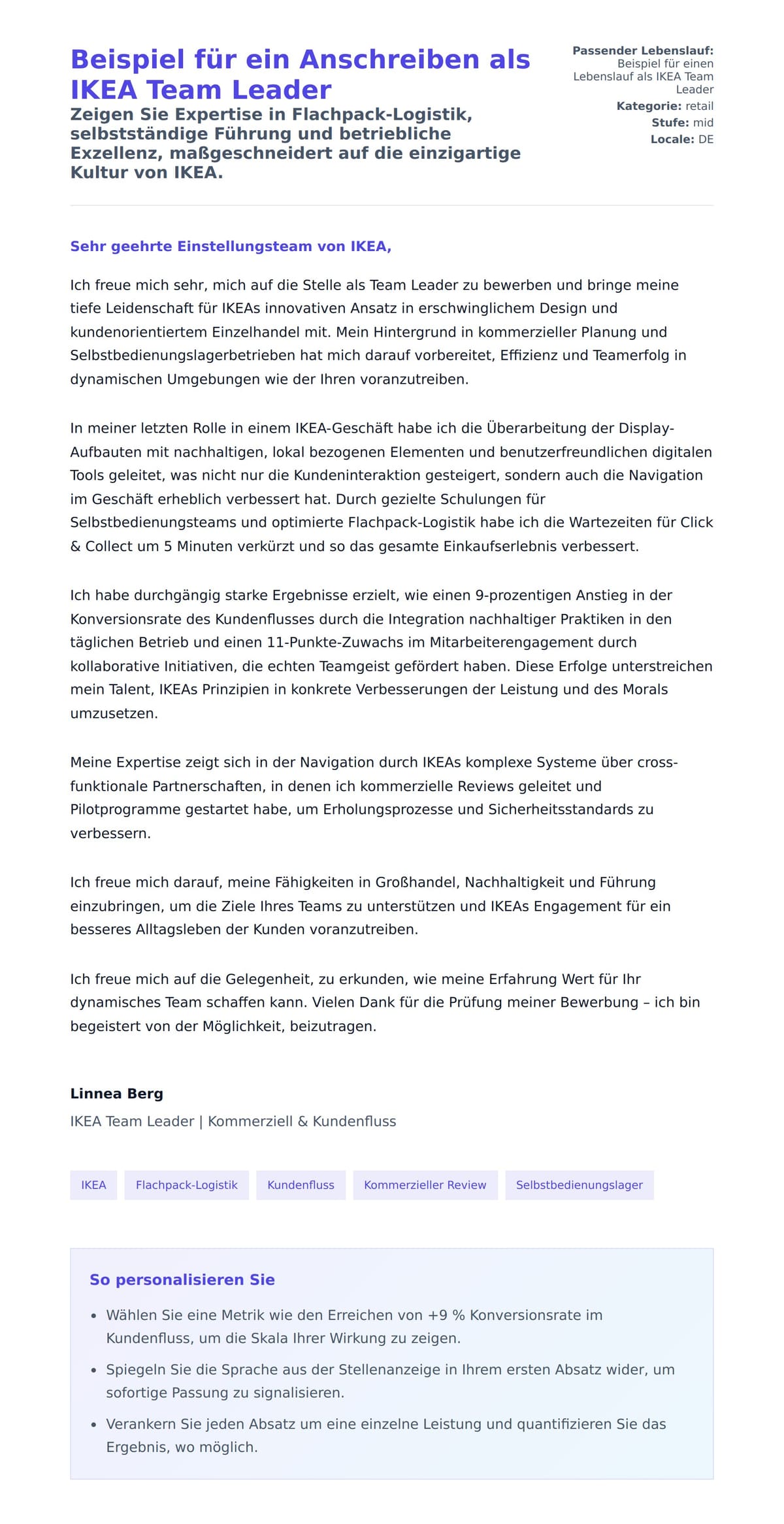 Anschreiben‑Vorschau für Beispiel für ein Anschreiben als IKEA Team Leader