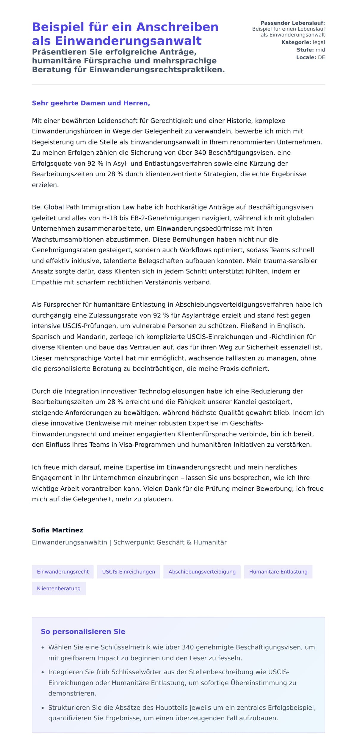 Anschreiben‑Vorschau für Beispiel für ein Anschreiben als Einwanderungsanwalt