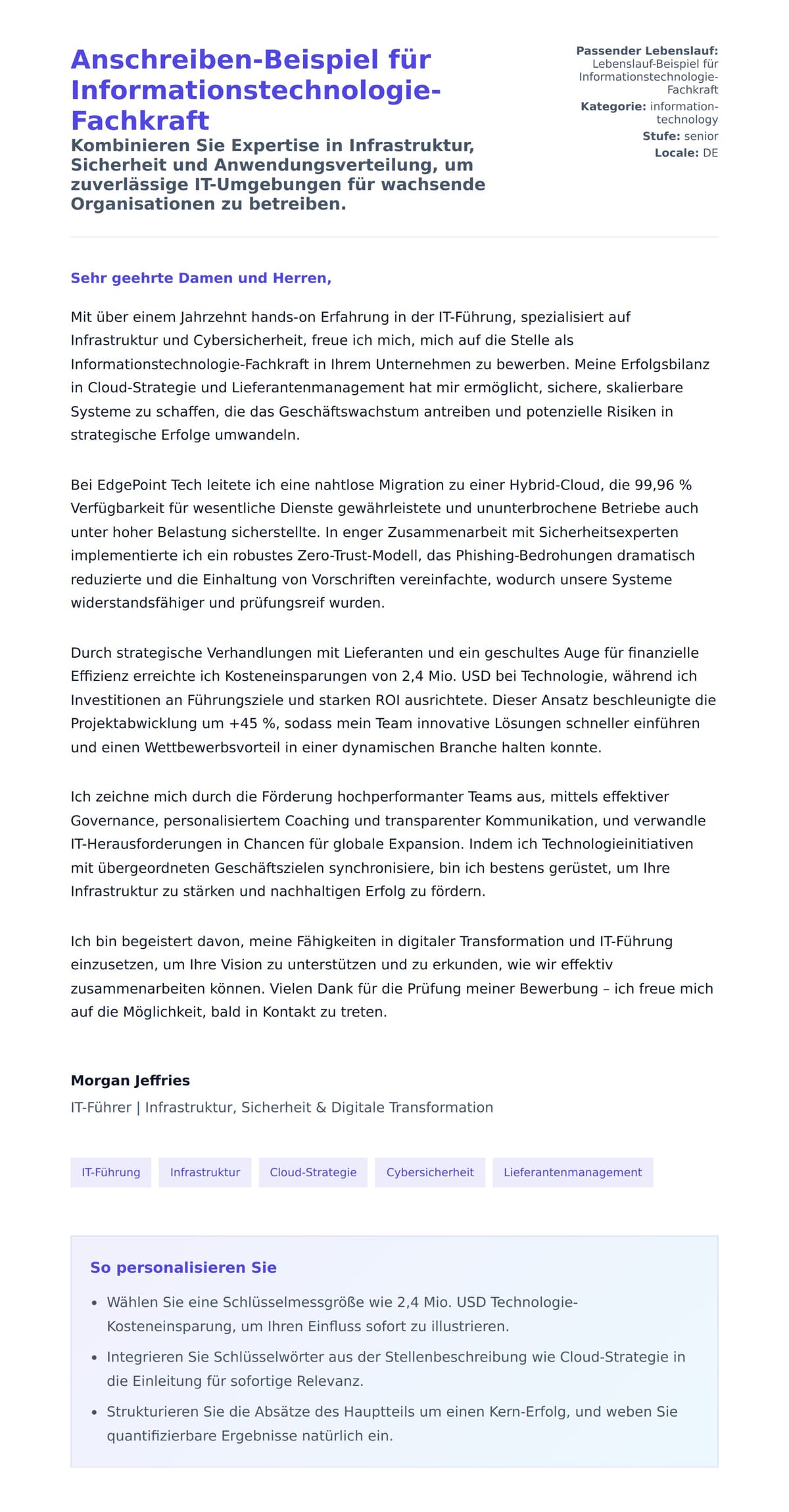 Anschreiben‑Vorschau für Anschreiben-Beispiel für Informationstechnologie-Fachkraft