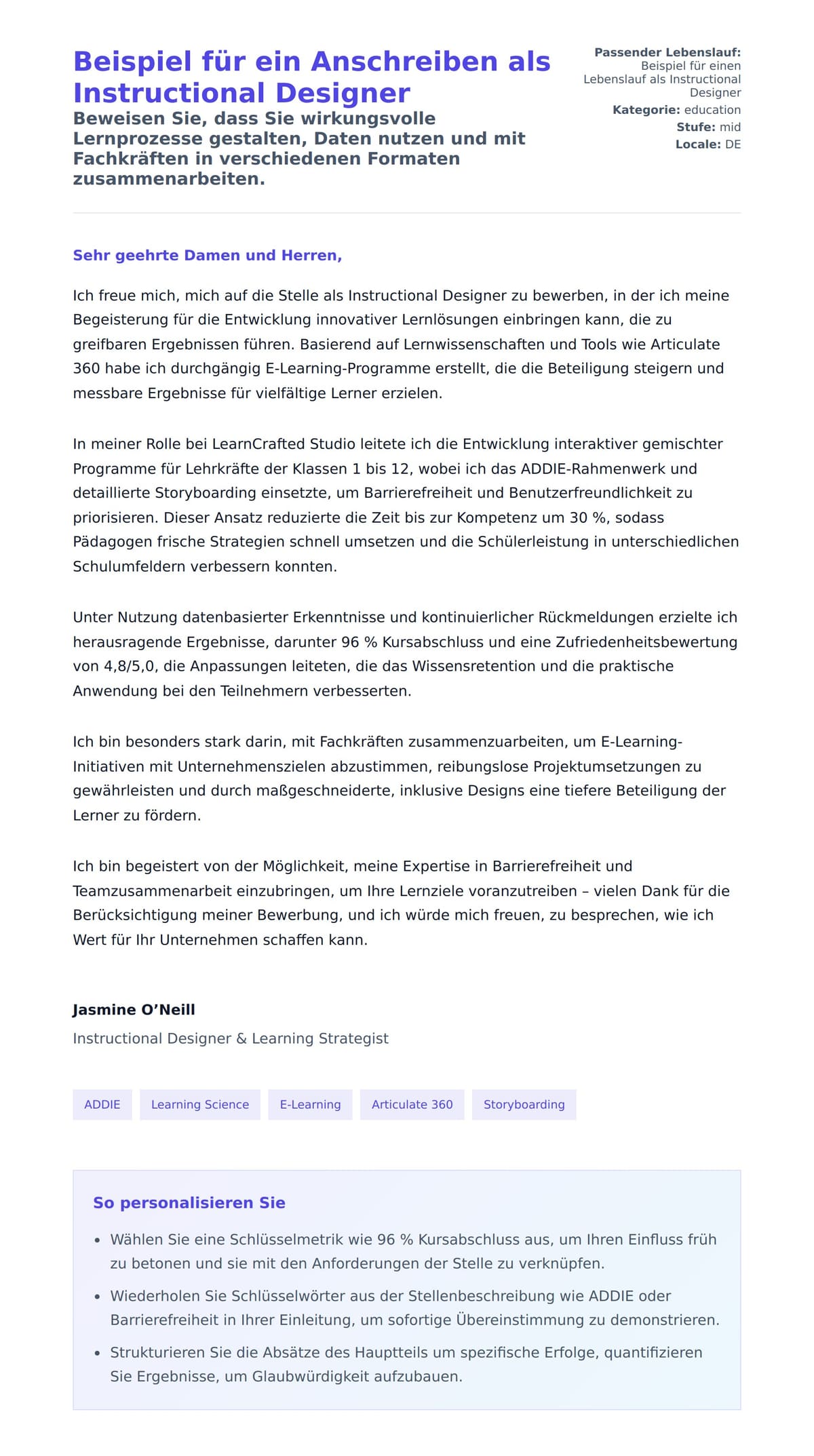 Anschreiben‑Vorschau für Beispiel für ein Anschreiben als Instructional Designer