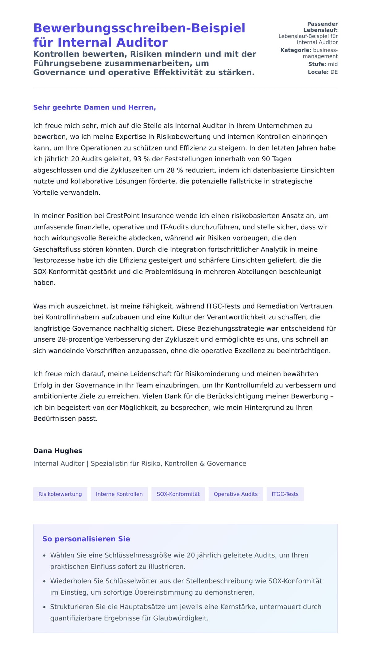 Anschreiben‑Vorschau für Bewerbungsschreiben-Beispiel für Internal Auditor