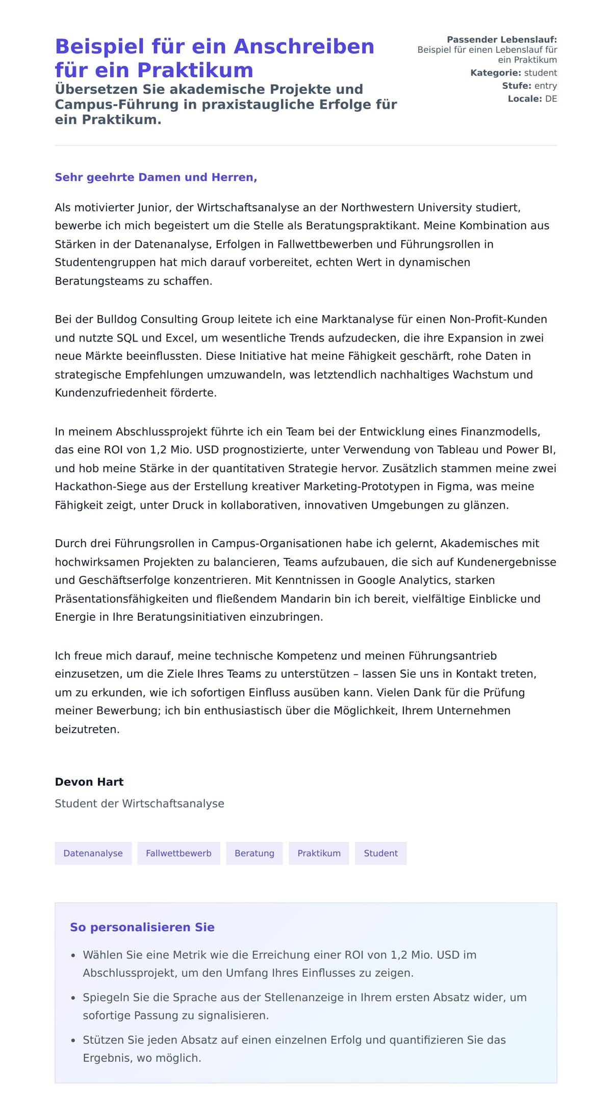 Anschreiben‑Vorschau für Beispiel für ein Anschreiben für ein Praktikum