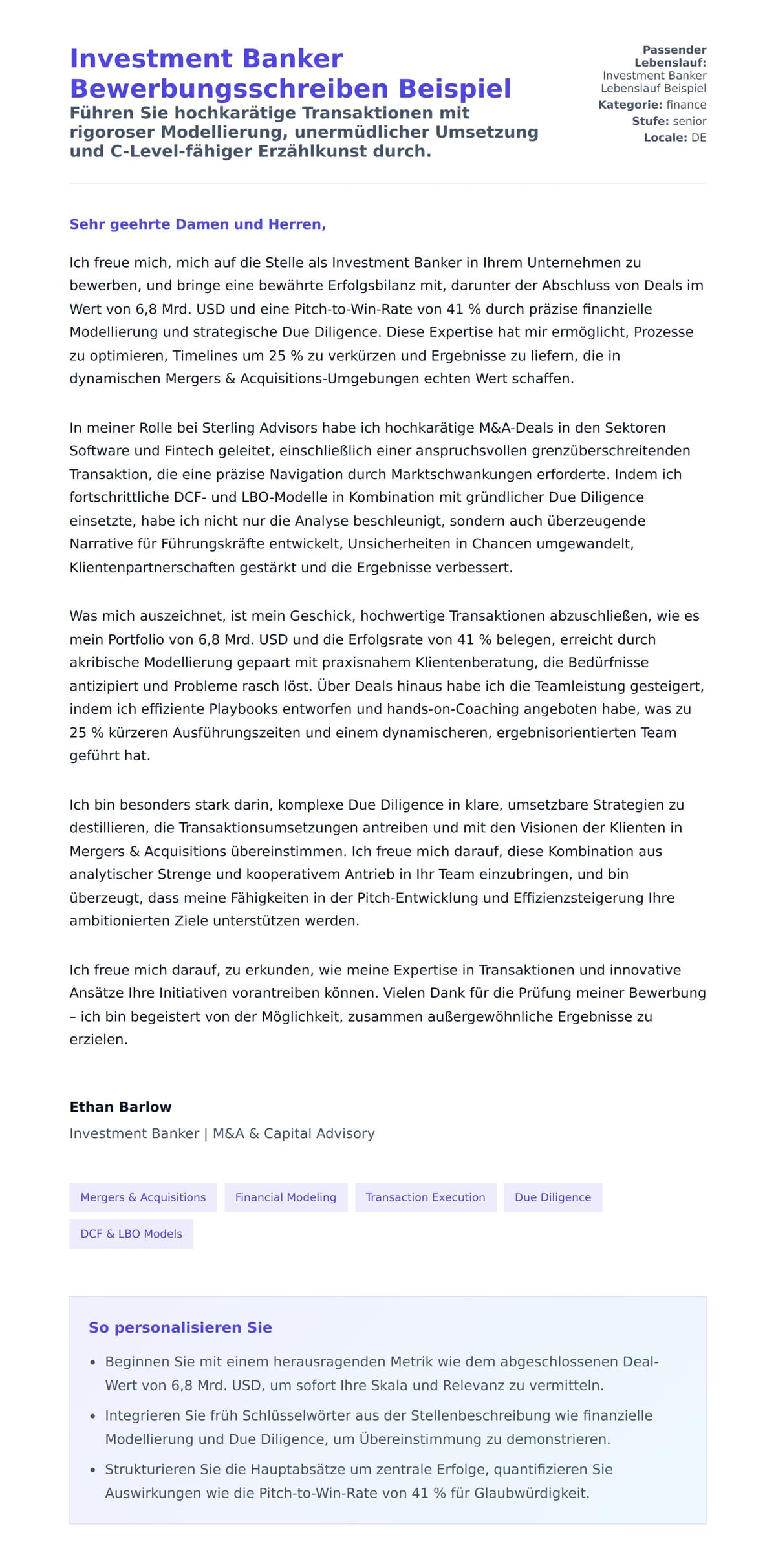 Anschreiben‑Vorschau für Investment Banker Bewerbungsschreiben Beispiel