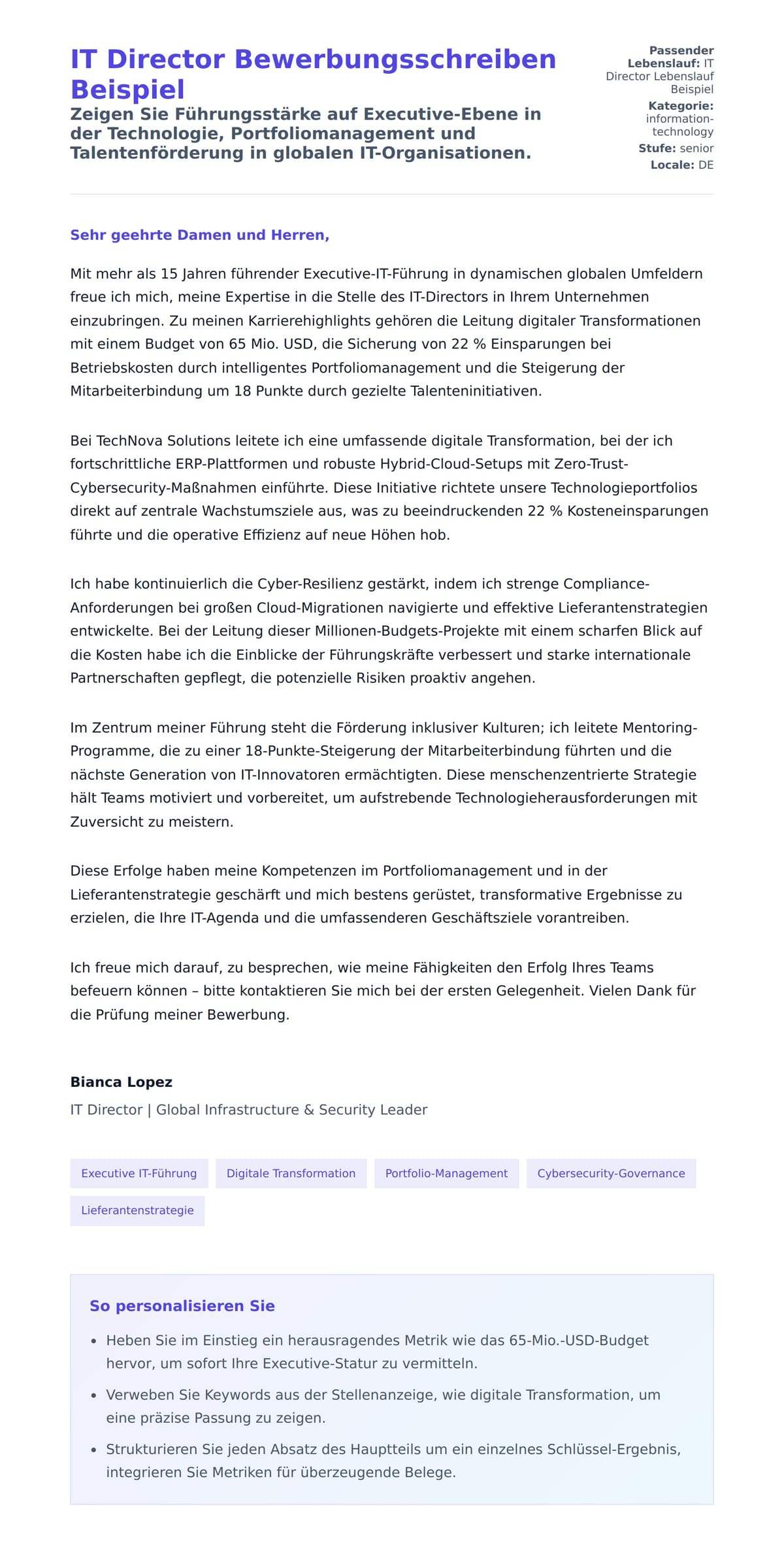 Anschreiben‑Vorschau für IT Director Bewerbungsschreiben Beispiel