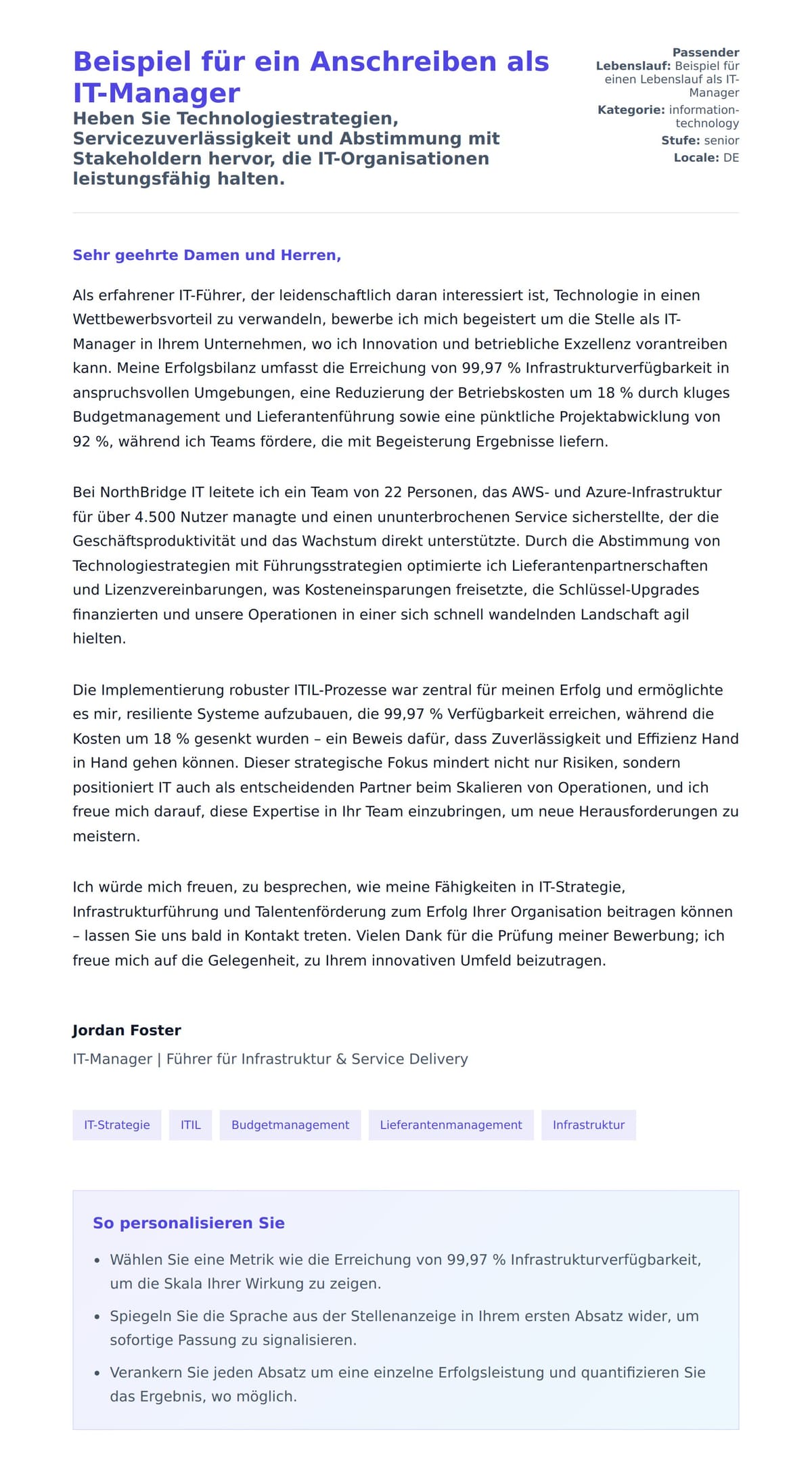 Anschreiben‑Vorschau für Beispiel für ein Anschreiben als IT-Manager