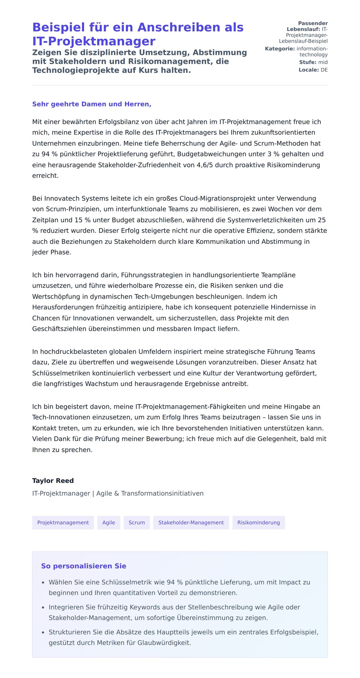 Anschreiben‑Vorschau für Beispiel für ein Anschreiben als IT-Projektmanager
