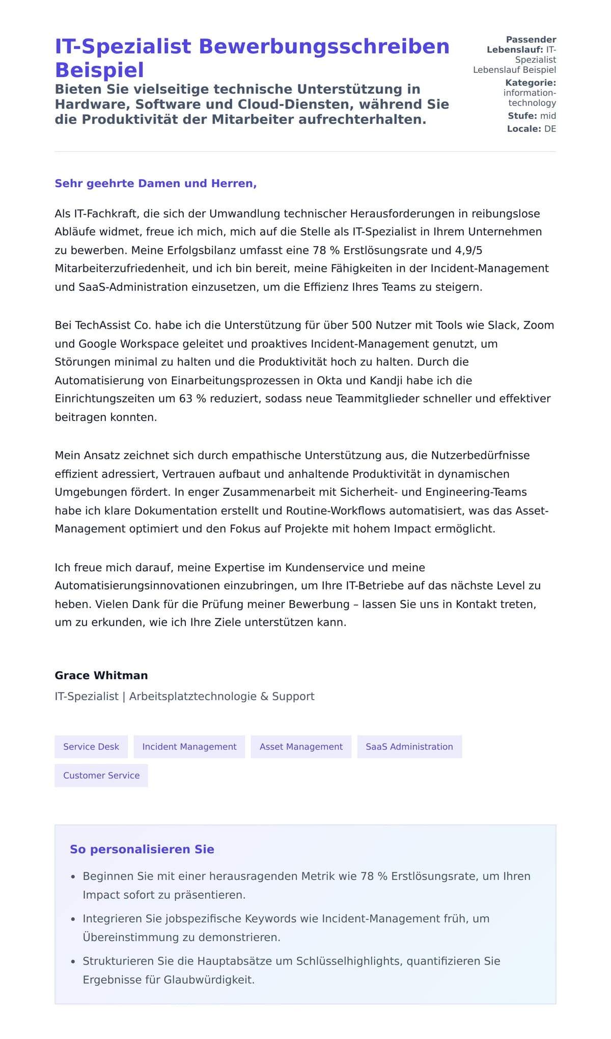 Anschreiben‑Vorschau für IT-Spezialist Bewerbungsschreiben Beispiel