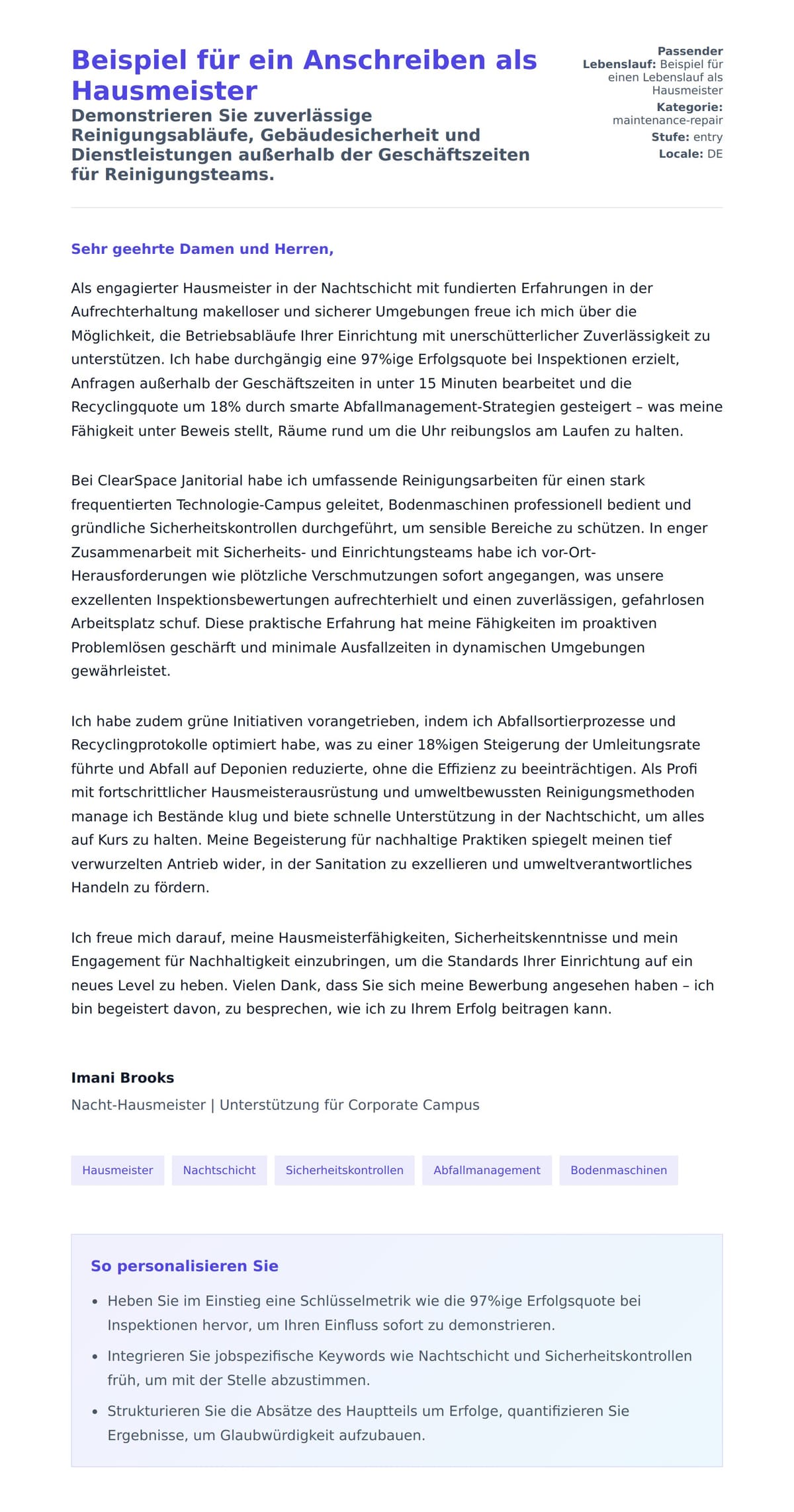Anschreiben‑Vorschau für Beispiel für ein Anschreiben als Hausmeister