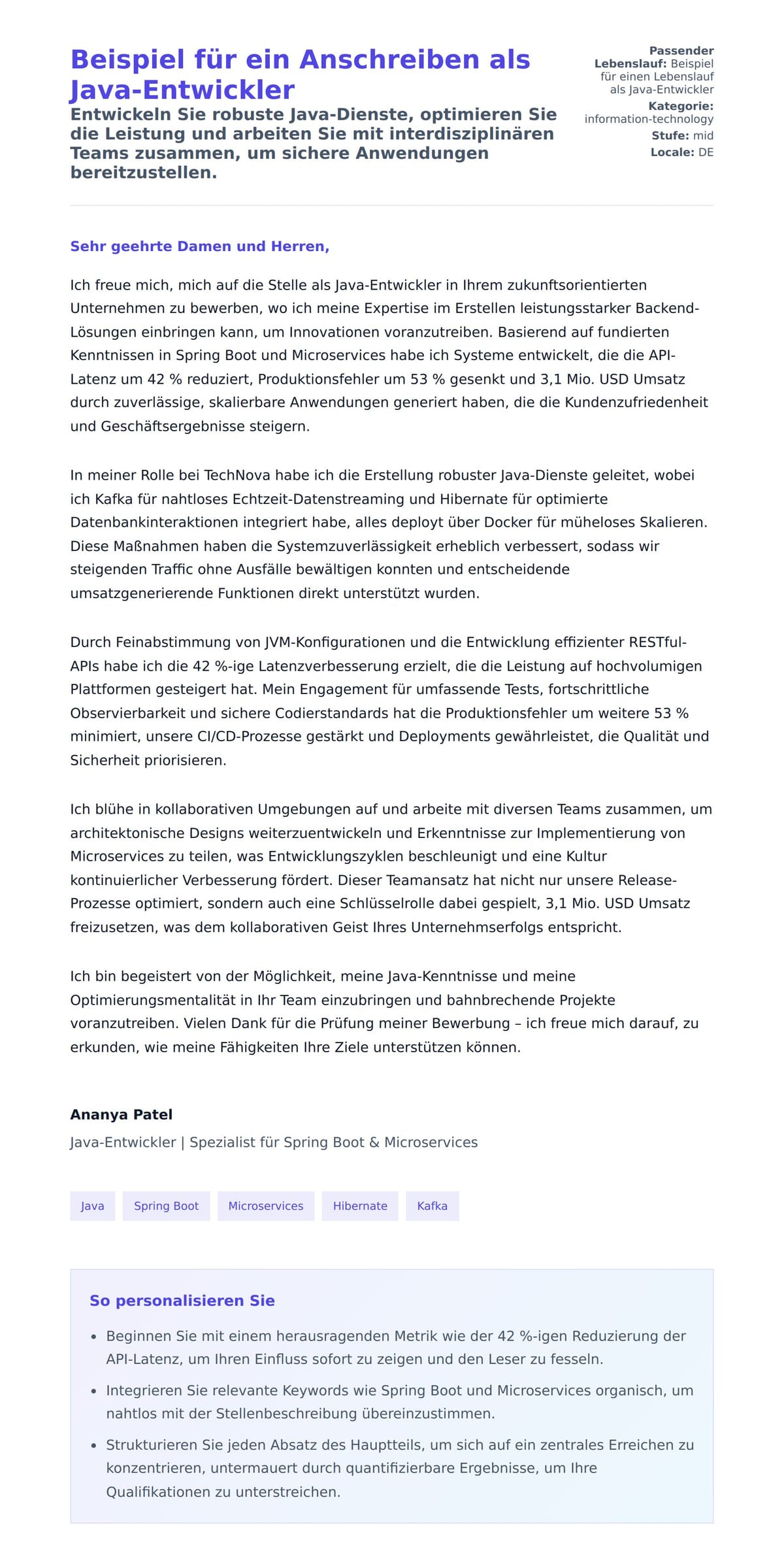 Anschreiben‑Vorschau für Beispiel für ein Anschreiben als Java-Entwickler