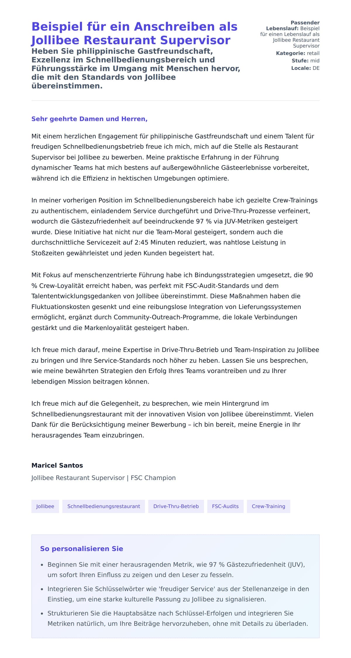 Anschreiben‑Vorschau für Beispiel für ein Anschreiben als Jollibee Restaurant Supervisor