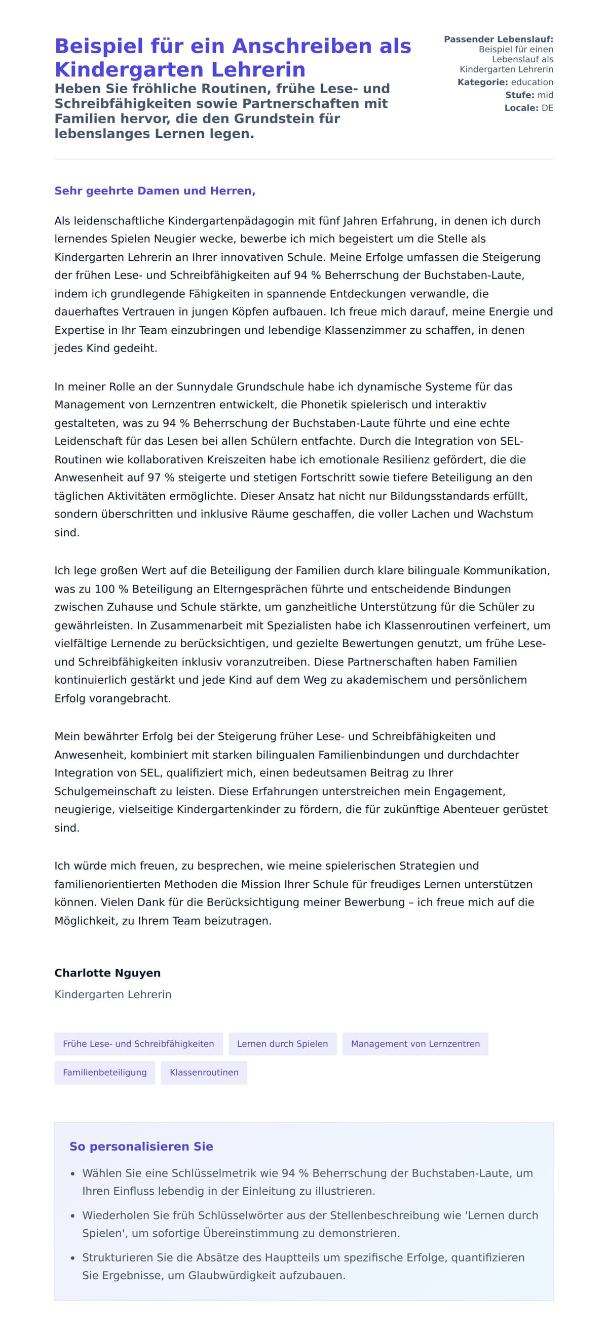 Anschreiben‑Vorschau für Beispiel für ein Anschreiben als Kindergarten Lehrerin