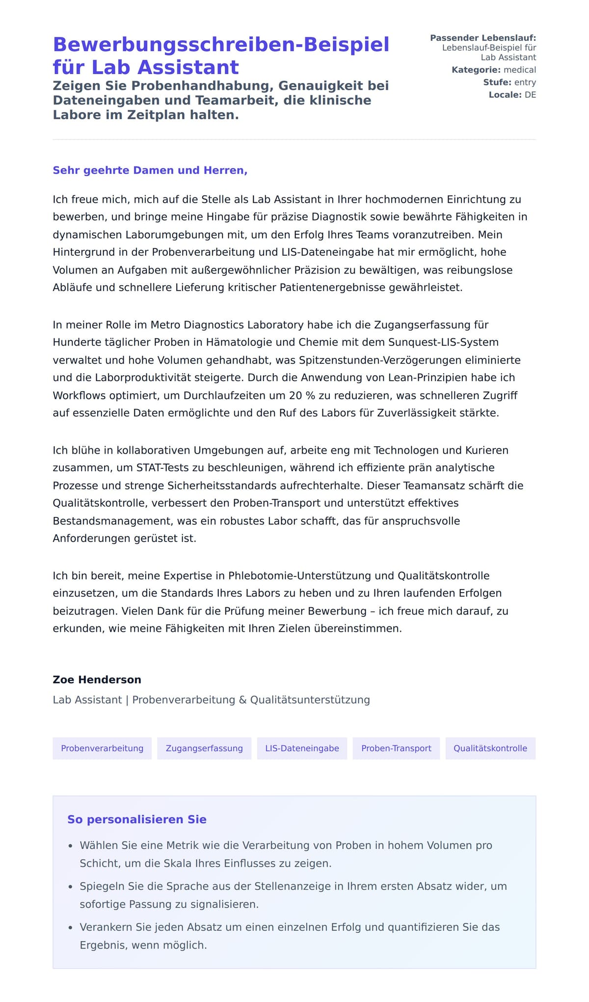 Anschreiben‑Vorschau für Bewerbungsschreiben-Beispiel für Lab Assistant