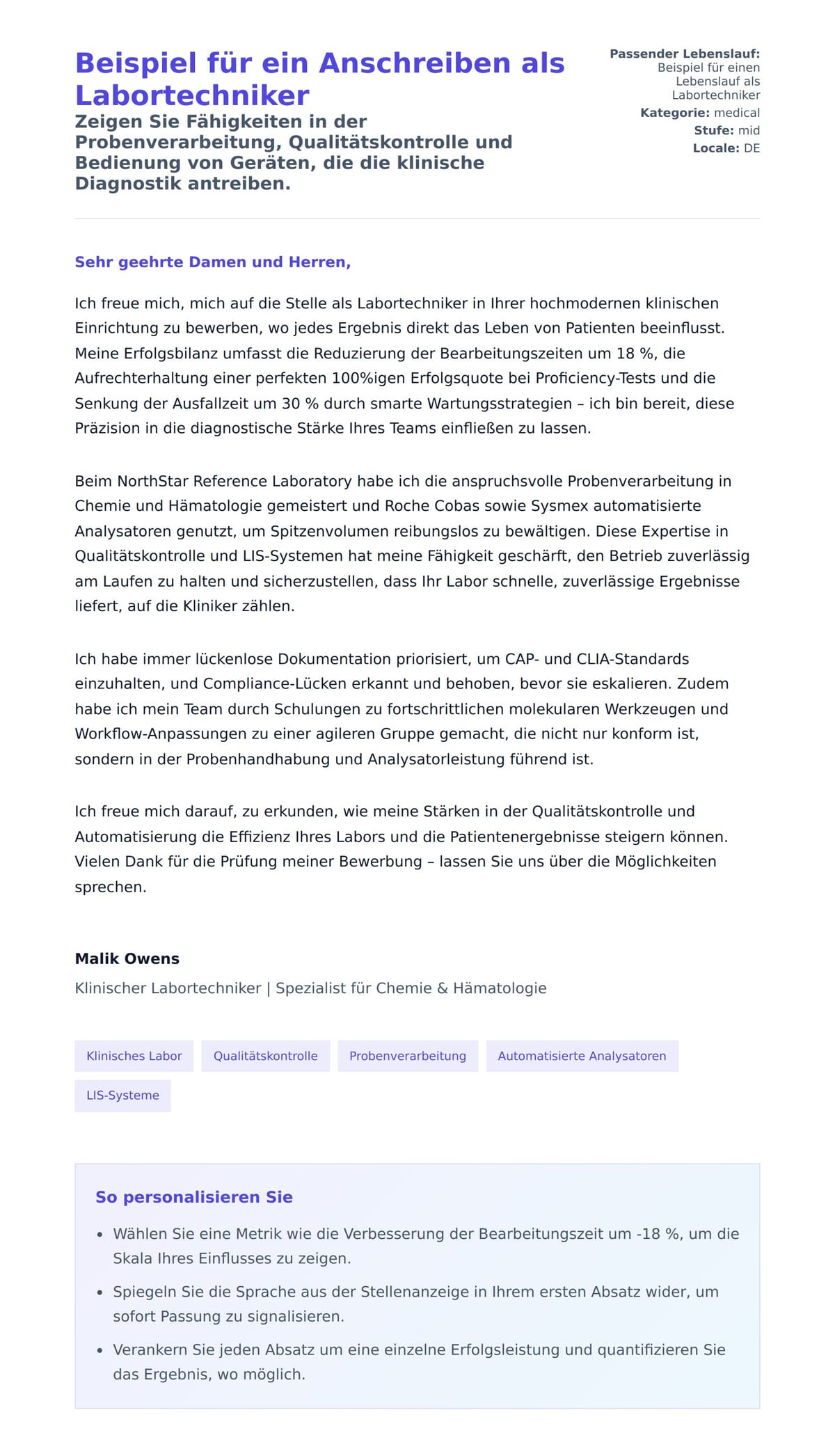 Anschreiben‑Vorschau für Beispiel für ein Anschreiben als Labortechniker