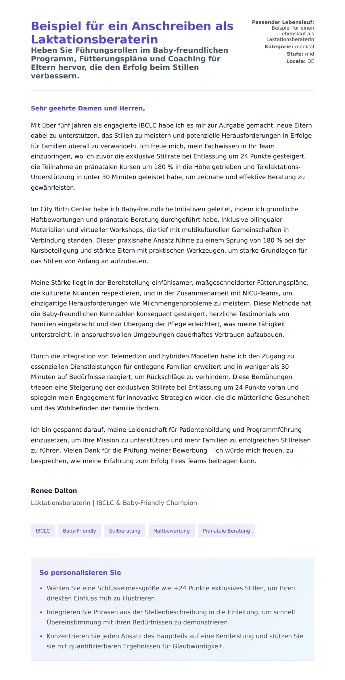 Anschreiben‑Vorschau für Beispiel für ein Anschreiben als Laktationsberaterin