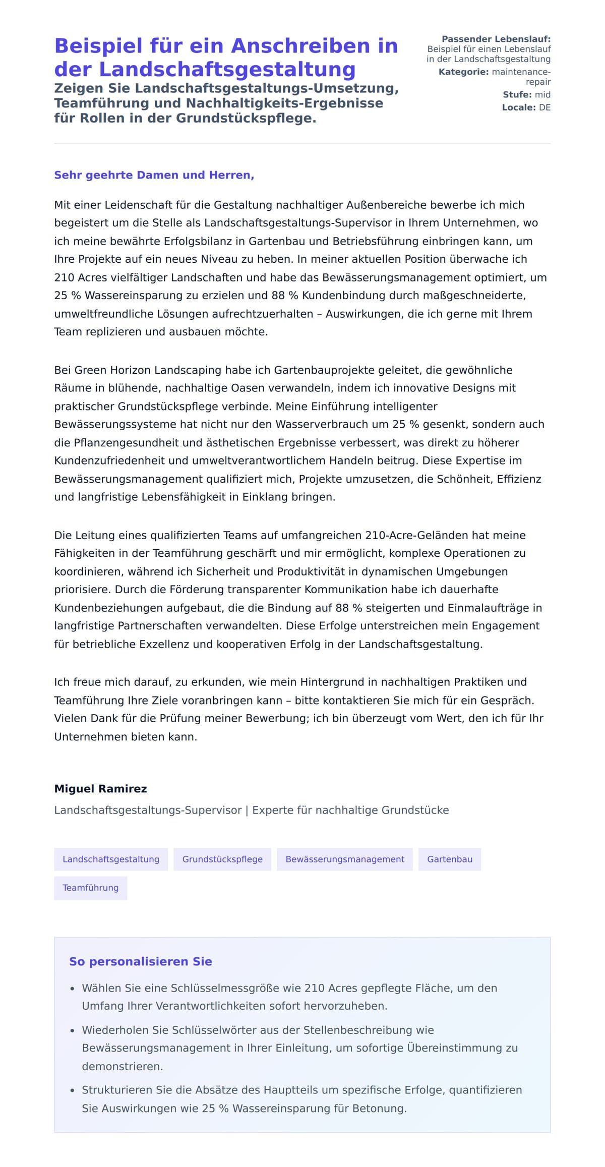 Anschreiben‑Vorschau für Beispiel für ein Anschreiben in der Landschaftsgestaltung