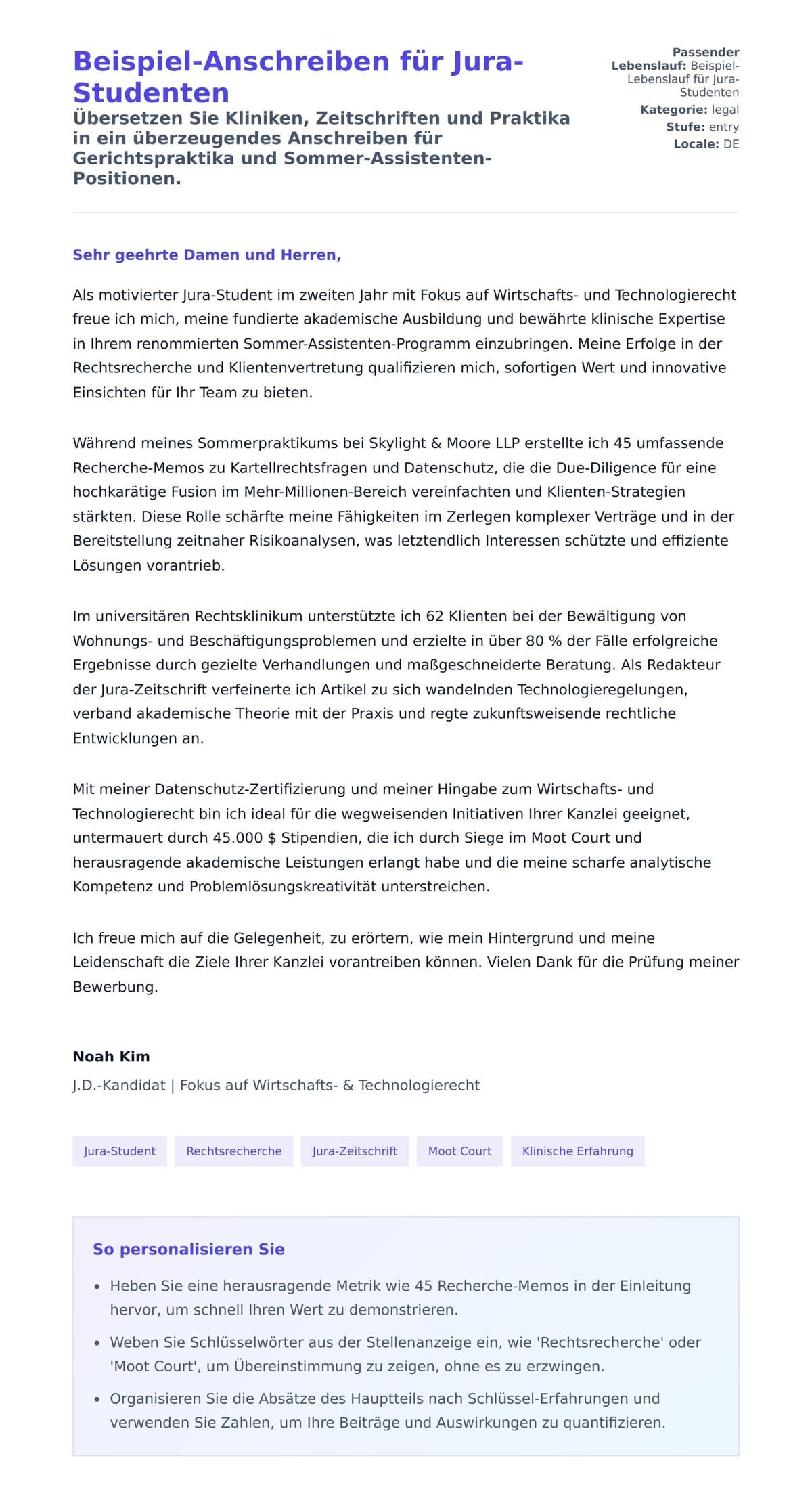 Anschreiben‑Vorschau für Beispiel-Anschreiben für Jura-Studenten