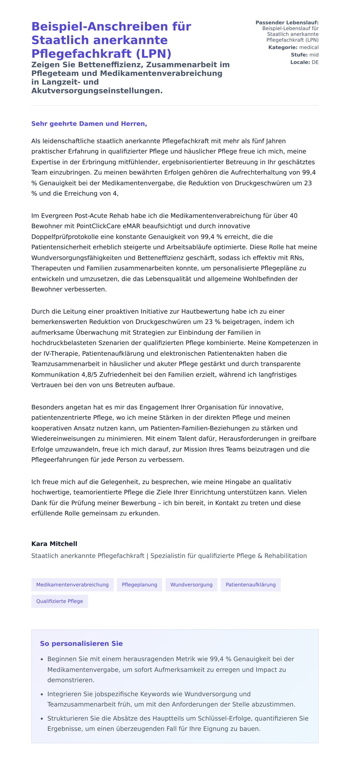 Anschreiben‑Vorschau für Beispiel-Anschreiben für Staatlich anerkannte Pflegefachkraft (LPN)
