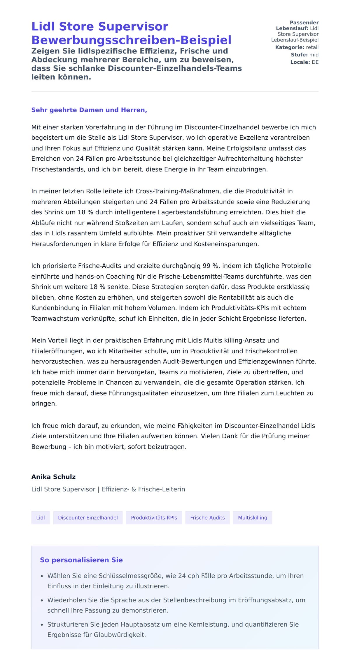 Anschreiben‑Vorschau für Lidl Store Supervisor Bewerbungsschreiben-Beispiel