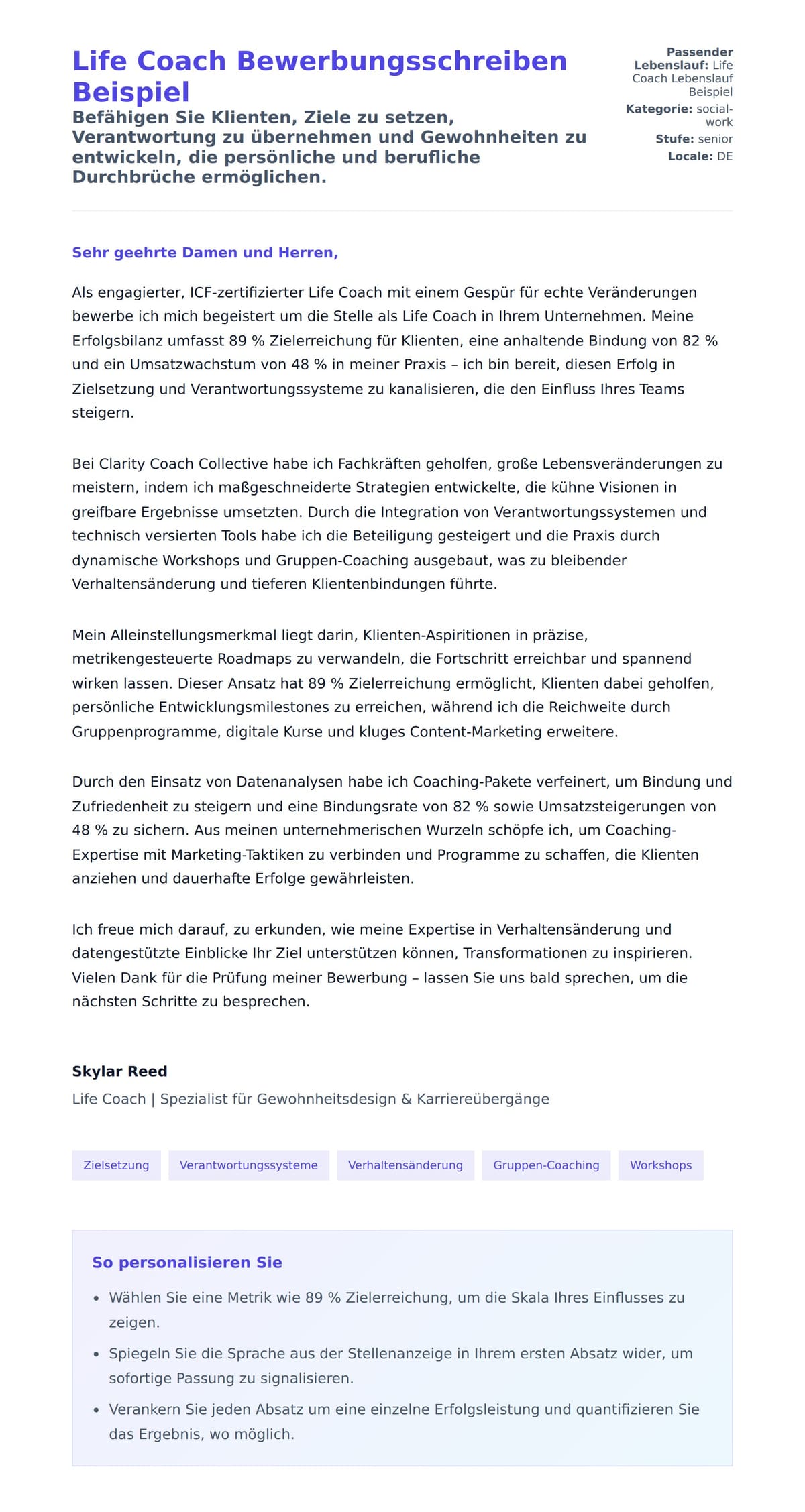 Anschreiben‑Vorschau für Life Coach Bewerbungsschreiben Beispiel