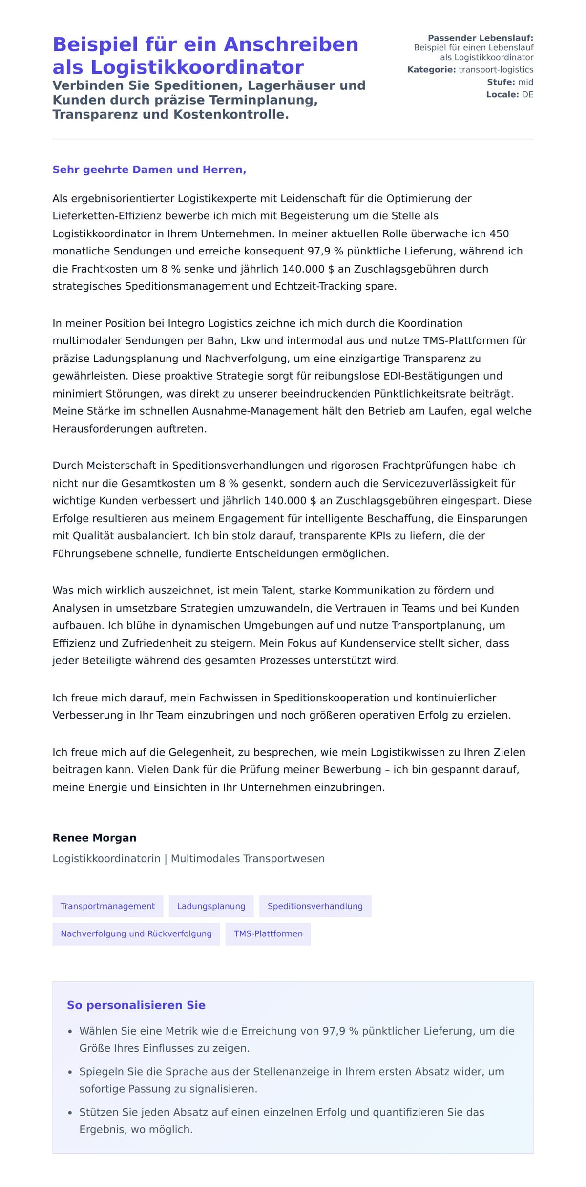 Anschreiben‑Vorschau für Beispiel für ein Anschreiben als Logistikkoordinator