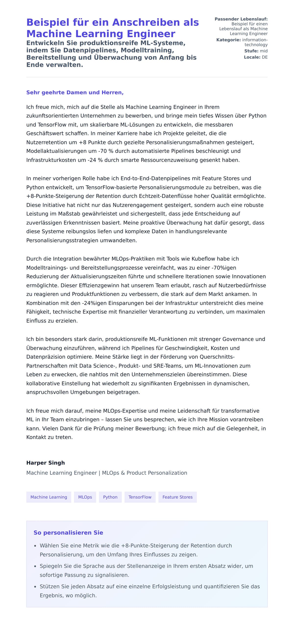 Anschreiben‑Vorschau für Beispiel für ein Anschreiben als Machine Learning Engineer
