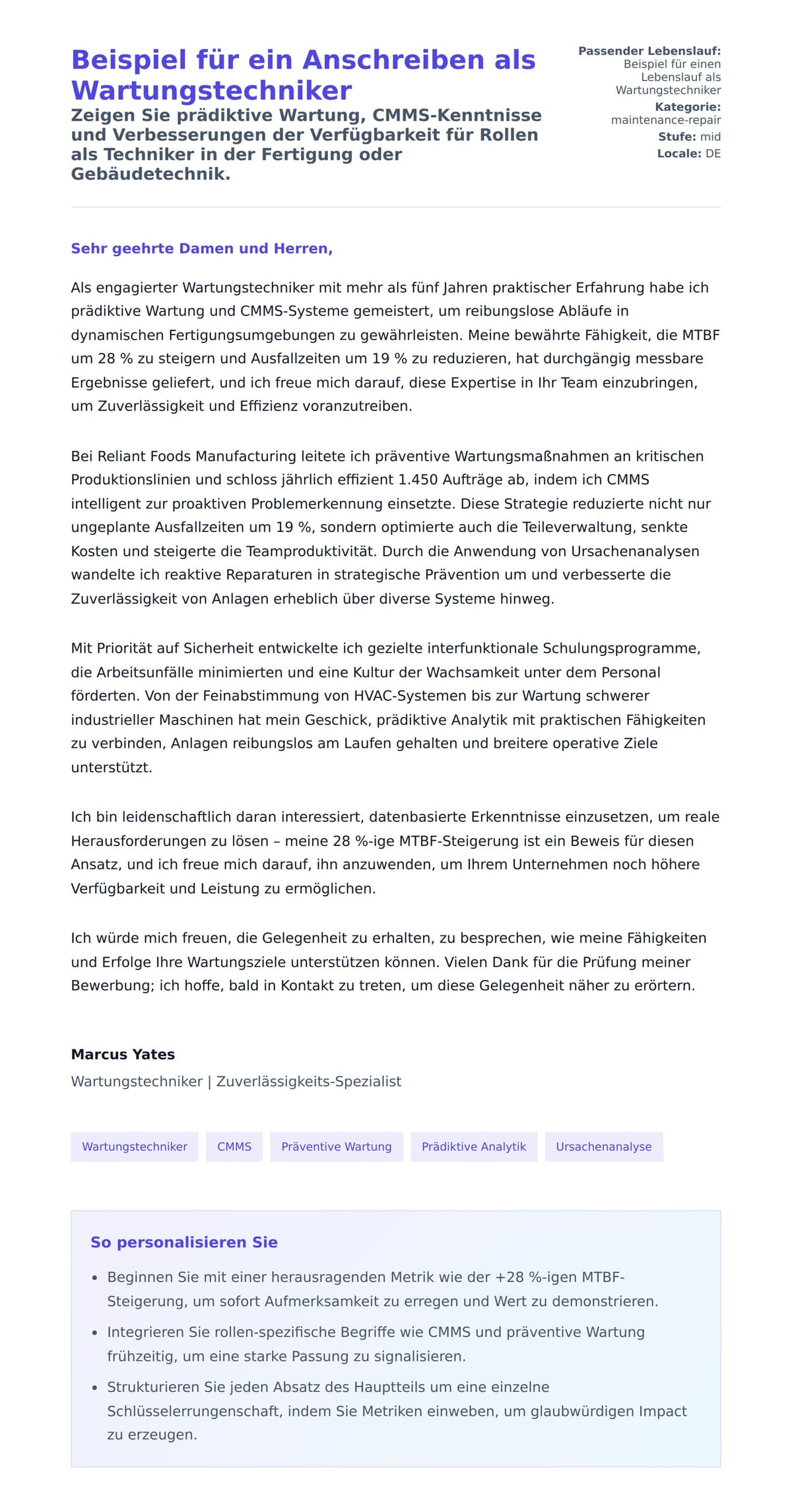 Anschreiben‑Vorschau für Beispiel für ein Anschreiben als Wartungstechniker