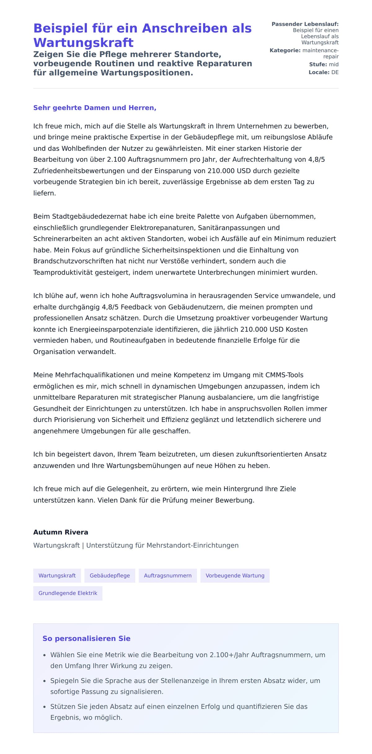 Anschreiben‑Vorschau für Beispiel für ein Anschreiben als Wartungskraft