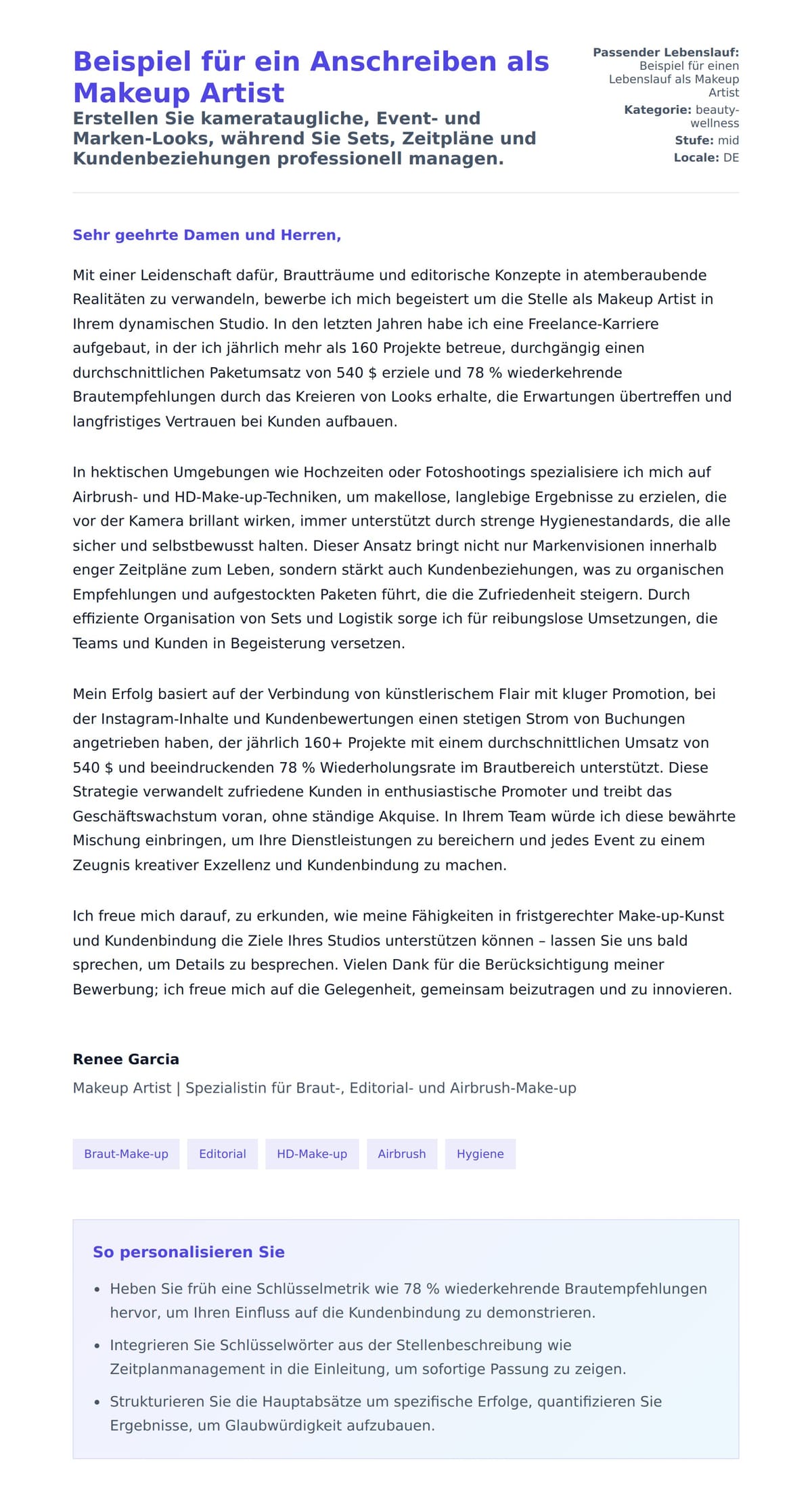 Beispiel für ein Anschreiben als Makeup Artist