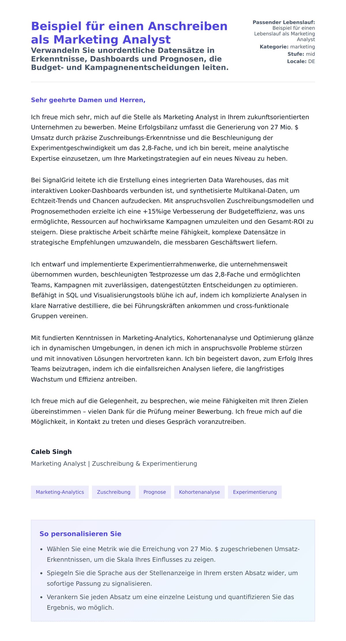 Anschreiben‑Vorschau für Beispiel für einen Anschreiben als Marketing Analyst