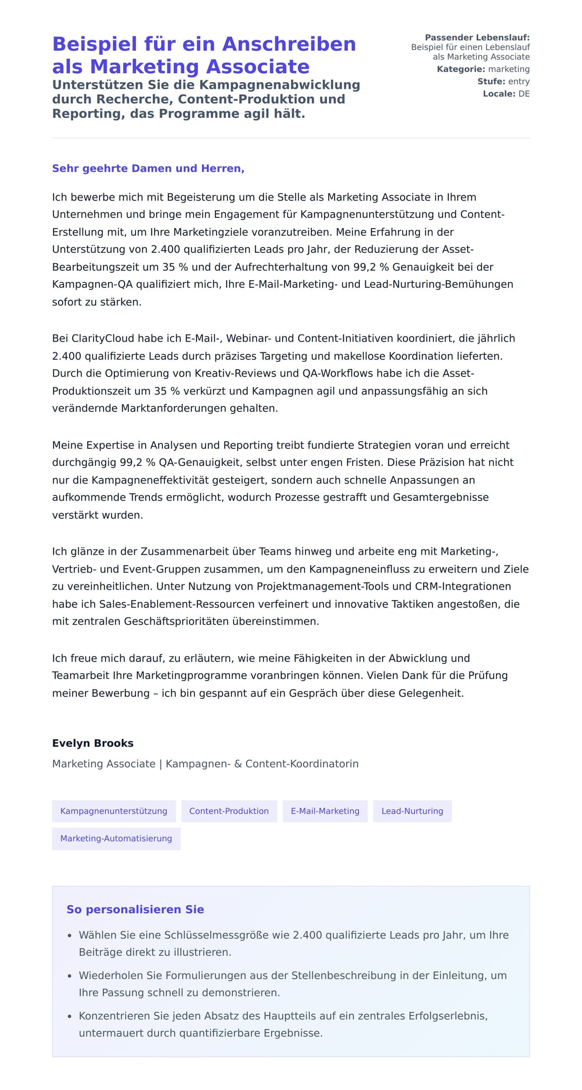 Anschreiben‑Vorschau für Beispiel für ein Anschreiben als Marketing Associate